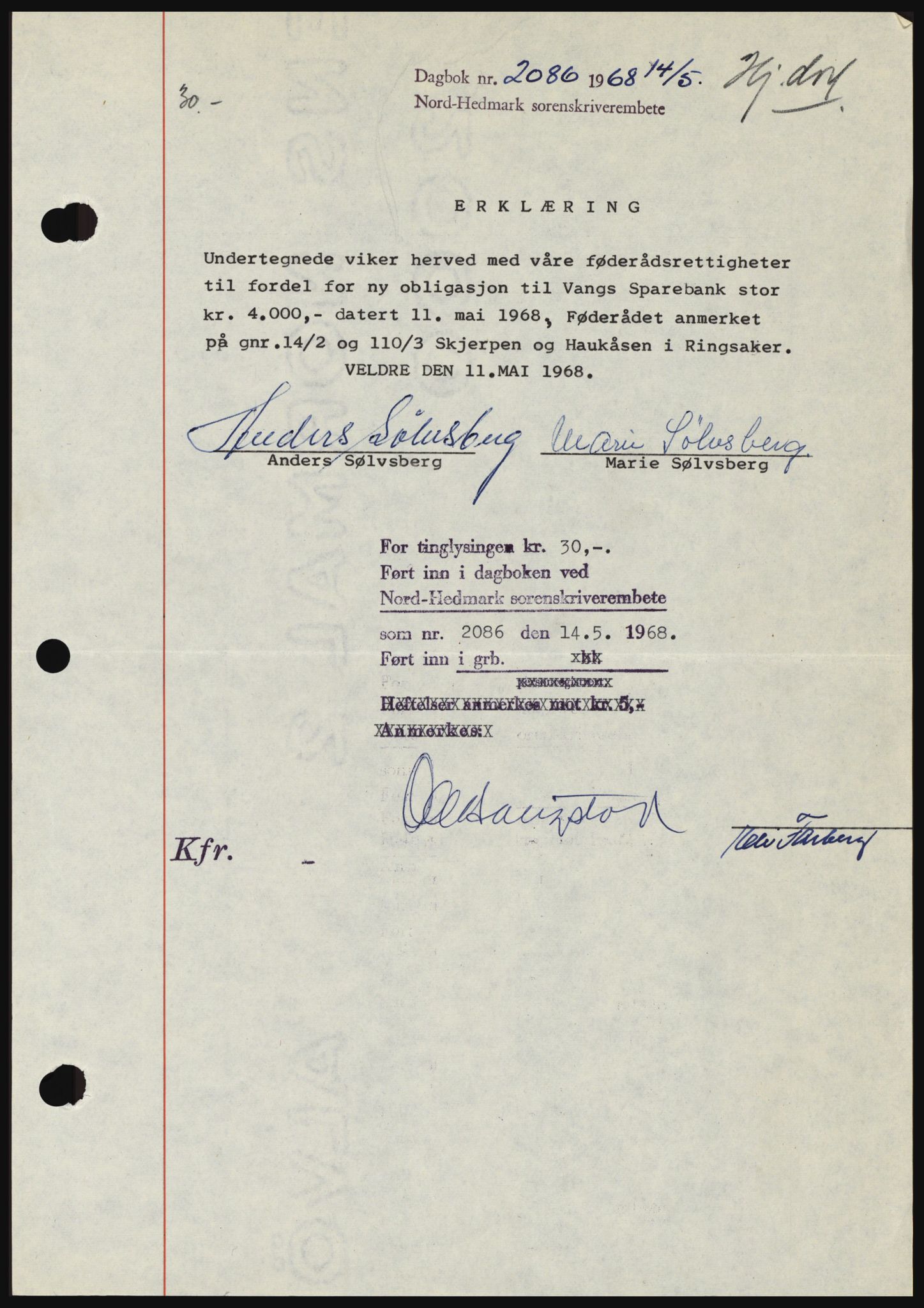 Nord-Hedmark sorenskriveri, SAH/TING-012/H/Hc/L0028: Mortgage book no. 28, 1968-1968, Diary no: : 2086/1968