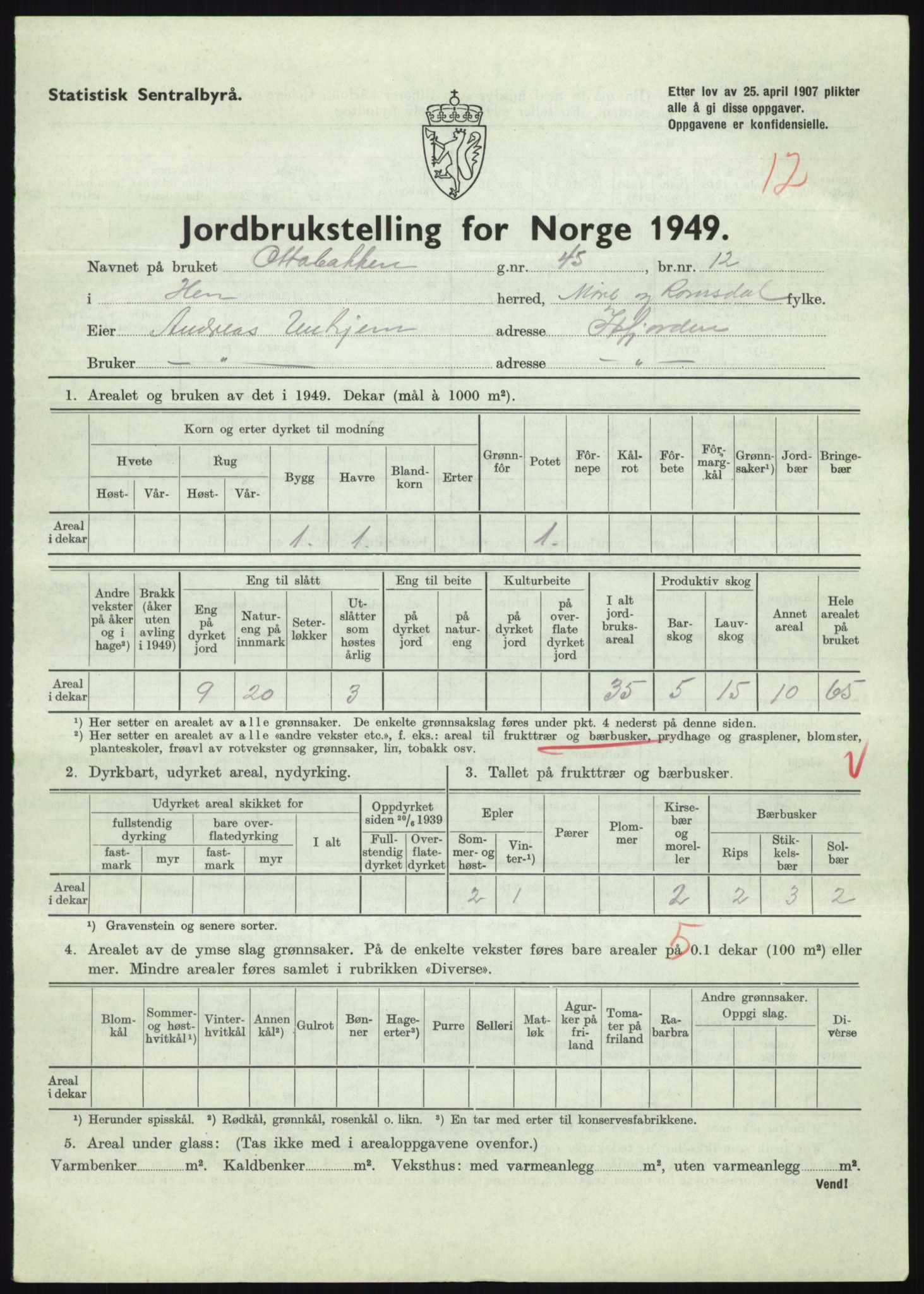 Statistisk sentralbyrå, Næringsøkonomiske emner, Jordbruk, skogbruk, jakt, fiske og fangst, AV/RA-S-2234/G/Gc/L0323: Møre og Romsdal: Grytten og Hen, 1949, p. 651