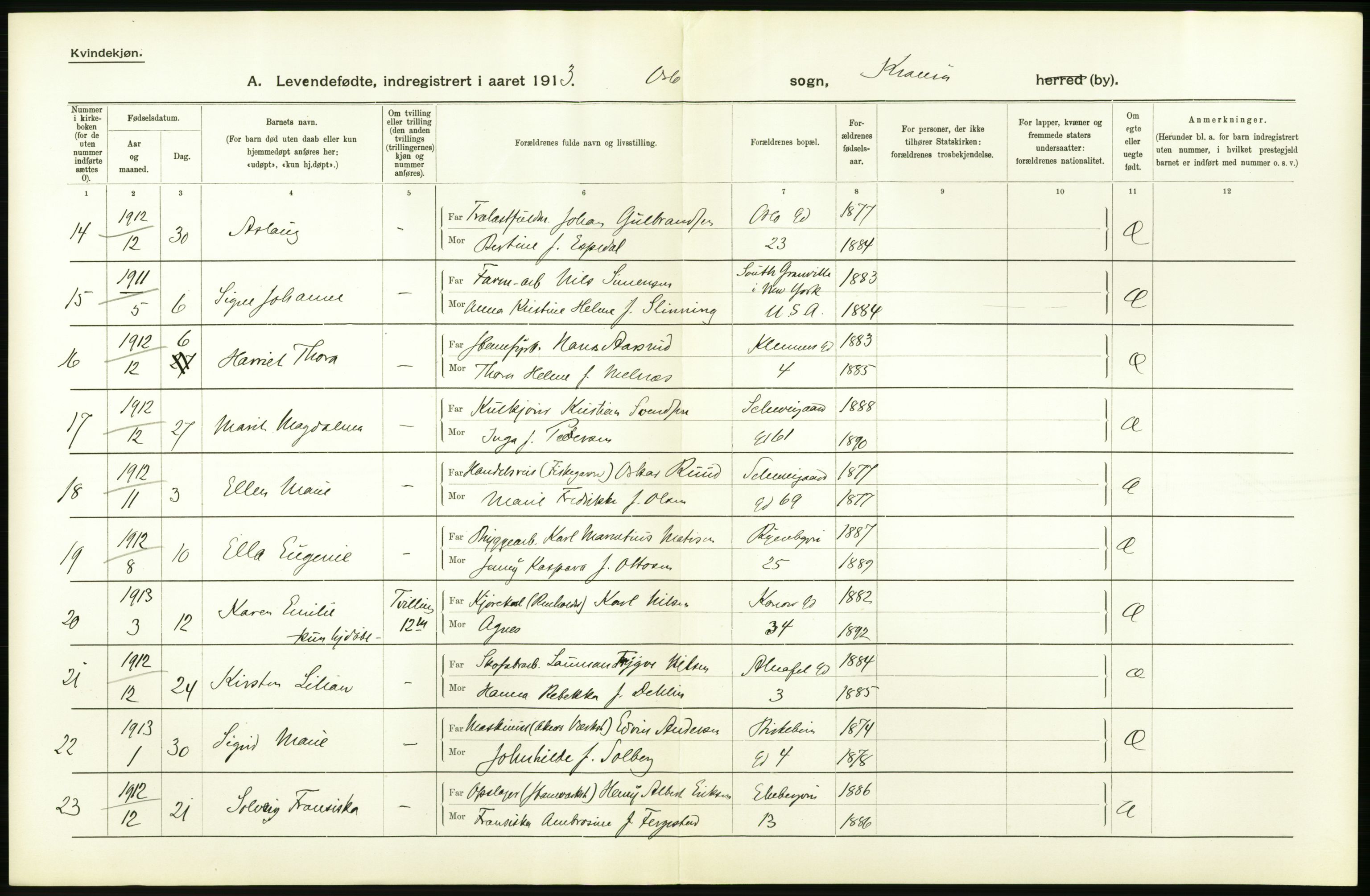 Statistisk sentralbyrå, Sosiodemografiske emner, Befolkning, AV/RA-S-2228/D/Df/Dfb/Dfbc/L0007: Kristiania: Levendefødte menn og kvinner., 1913, p. 838