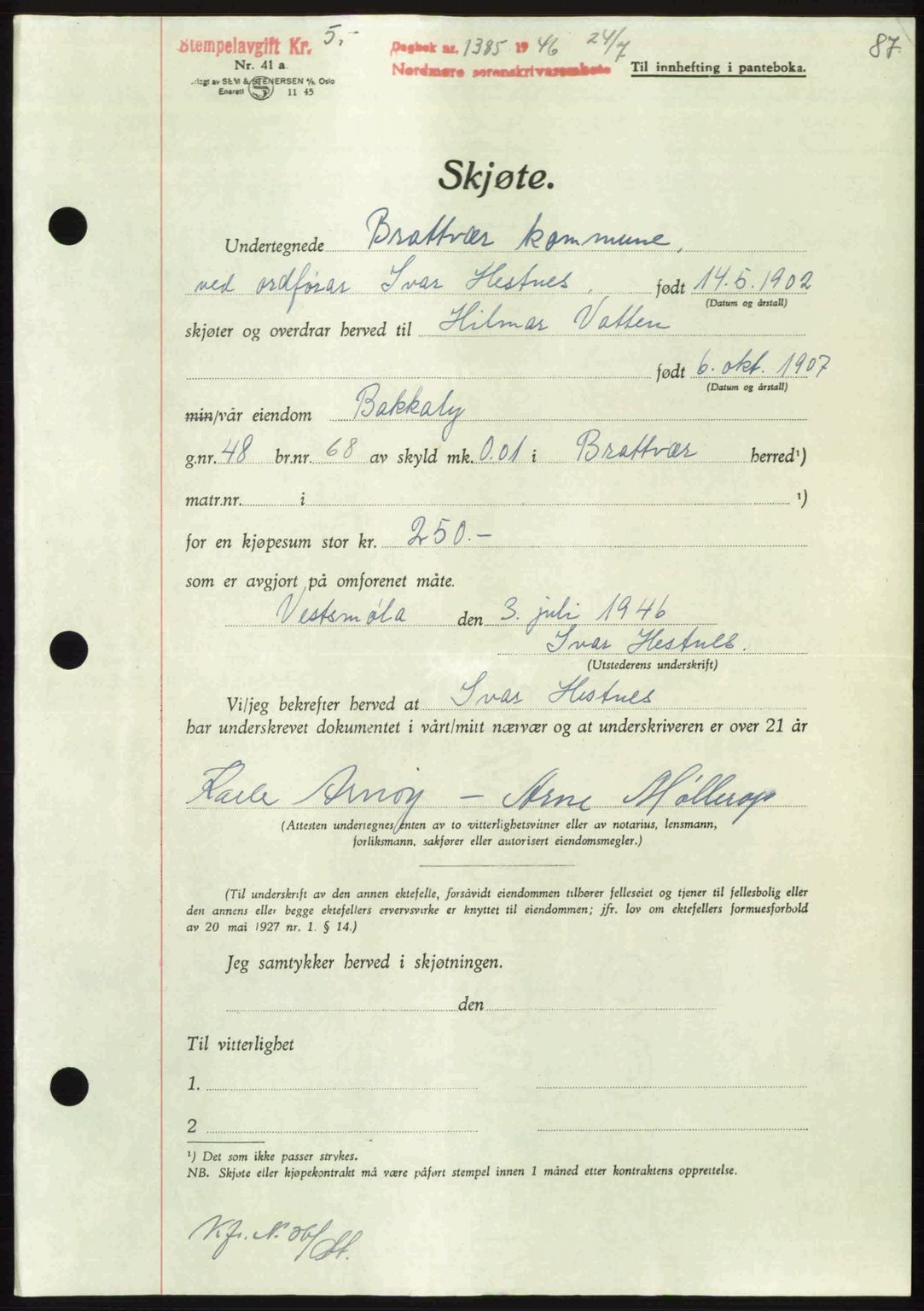 Nordmøre sorenskriveri, AV/SAT-A-4132/1/2/2Ca: Mortgage book no. A102, 1946-1946, Diary no: : 1385/1946