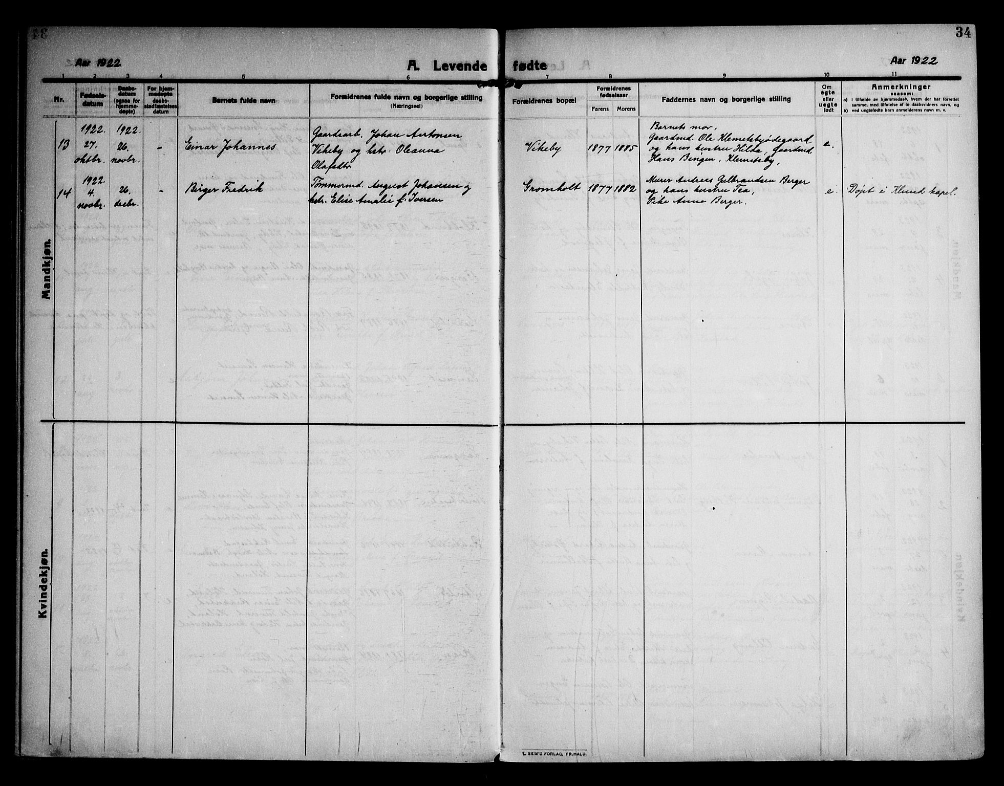 Rødenes prestekontor Kirkebøker, AV/SAO-A-2005/F/Fa/L0012: Parish register (official) no. I 12, 1911-1926, p. 34