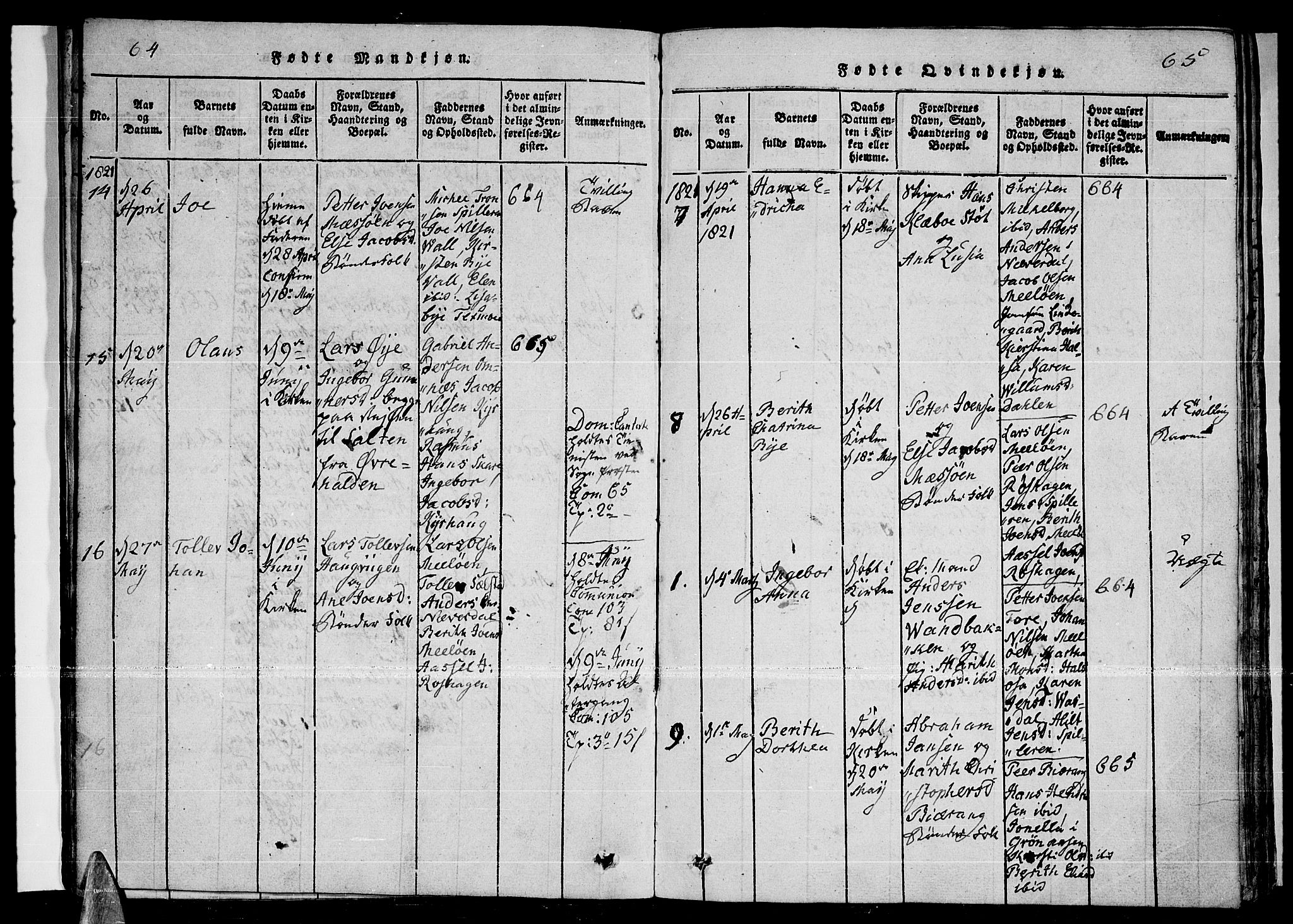 Ministerialprotokoller, klokkerbøker og fødselsregistre - Nordland, AV/SAT-A-1459/841/L0593: Parish register (official) no. 841A04 /2, 1820-1825, p. 64-65