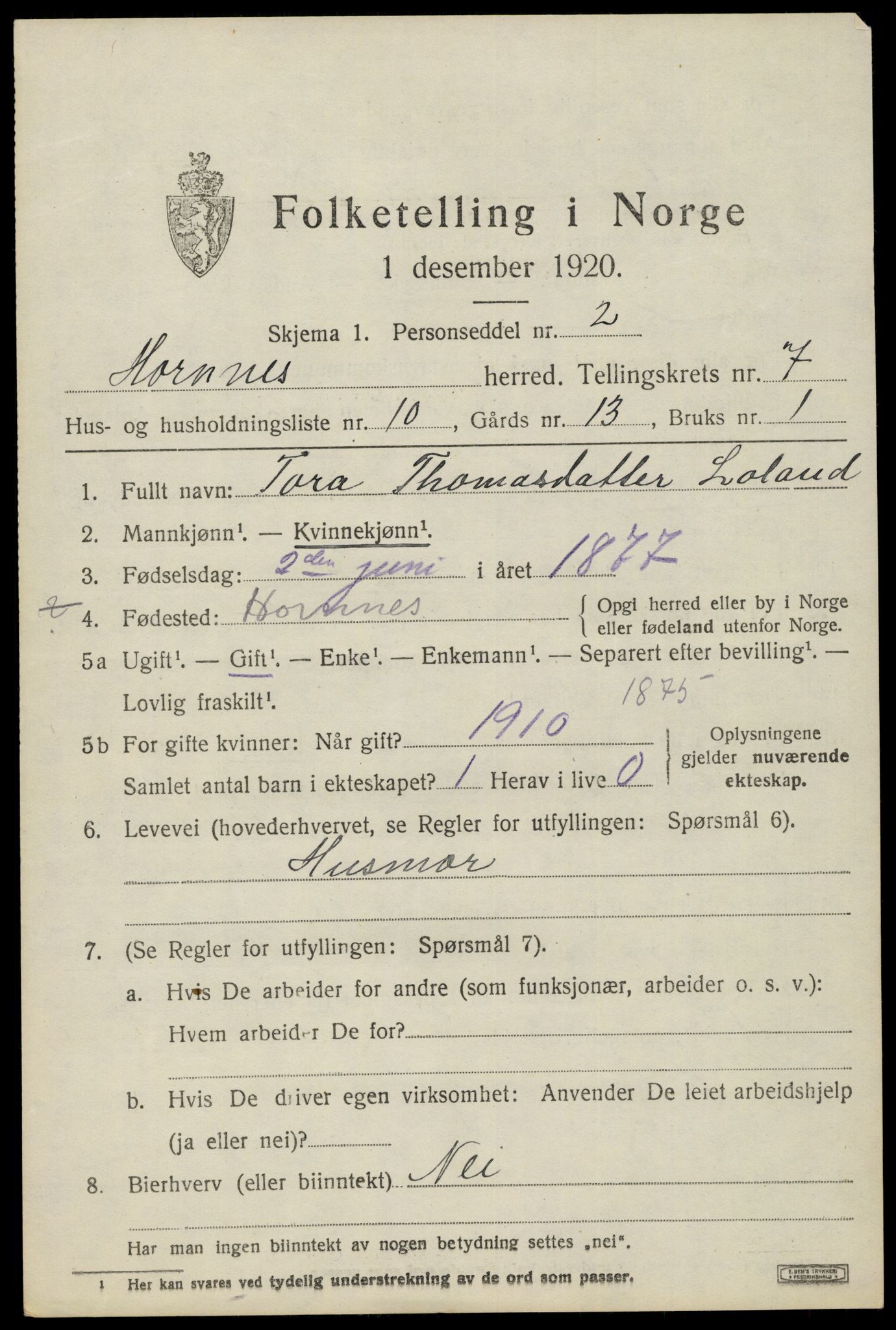 SAK, 1920 census for Hornnes, 1920, p. 1763