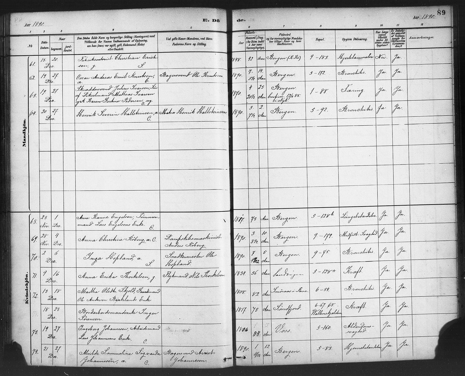 Nykirken Sokneprestembete, AV/SAB-A-77101/H/Haa/L0044: Parish register (official) no. E 4, 1882-1898, p. 89