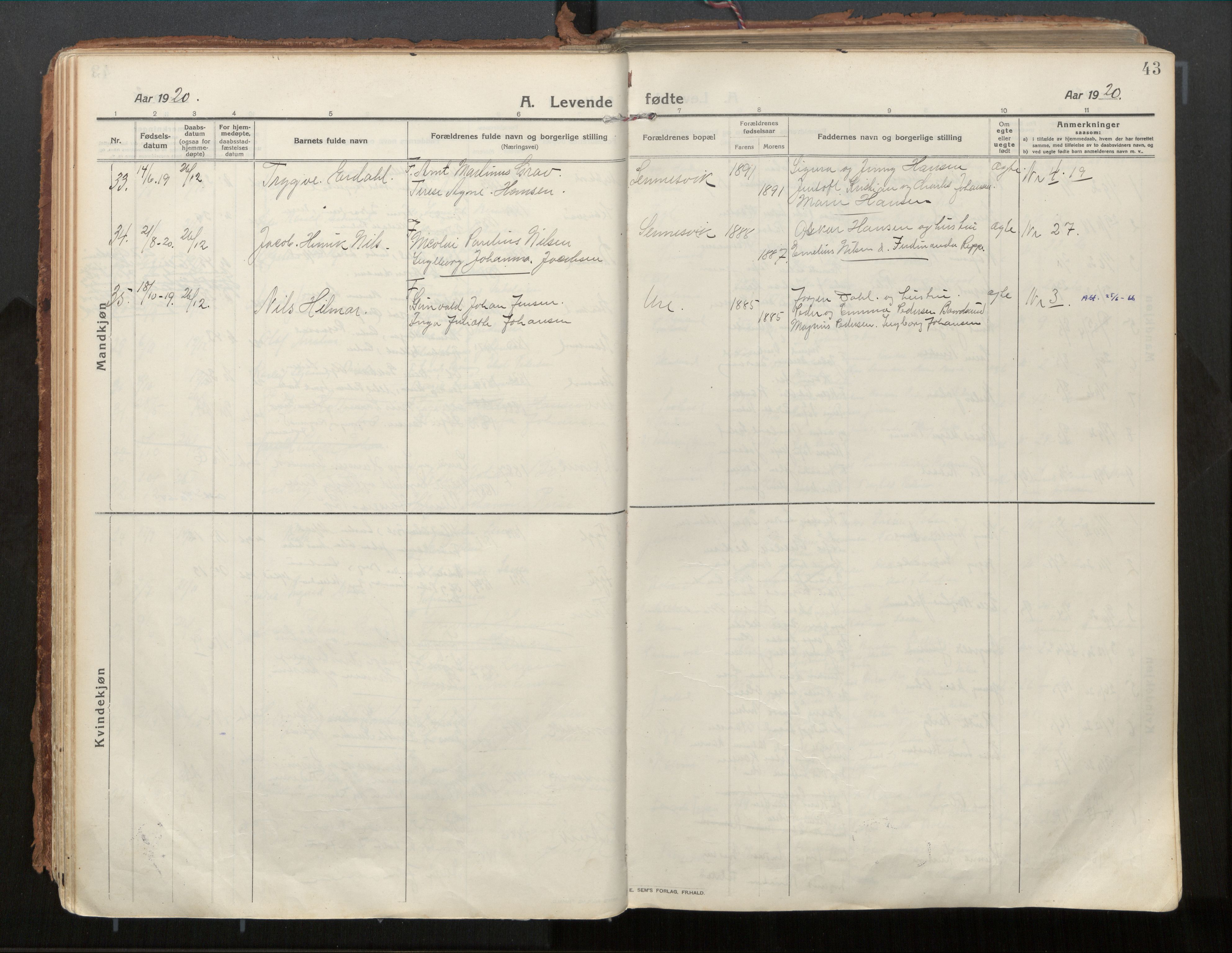 Ministerialprotokoller, klokkerbøker og fødselsregistre - Nordland, SAT/A-1459/882/L1181: Parish register (official) no. 882A03, 1913-1937, p. 43