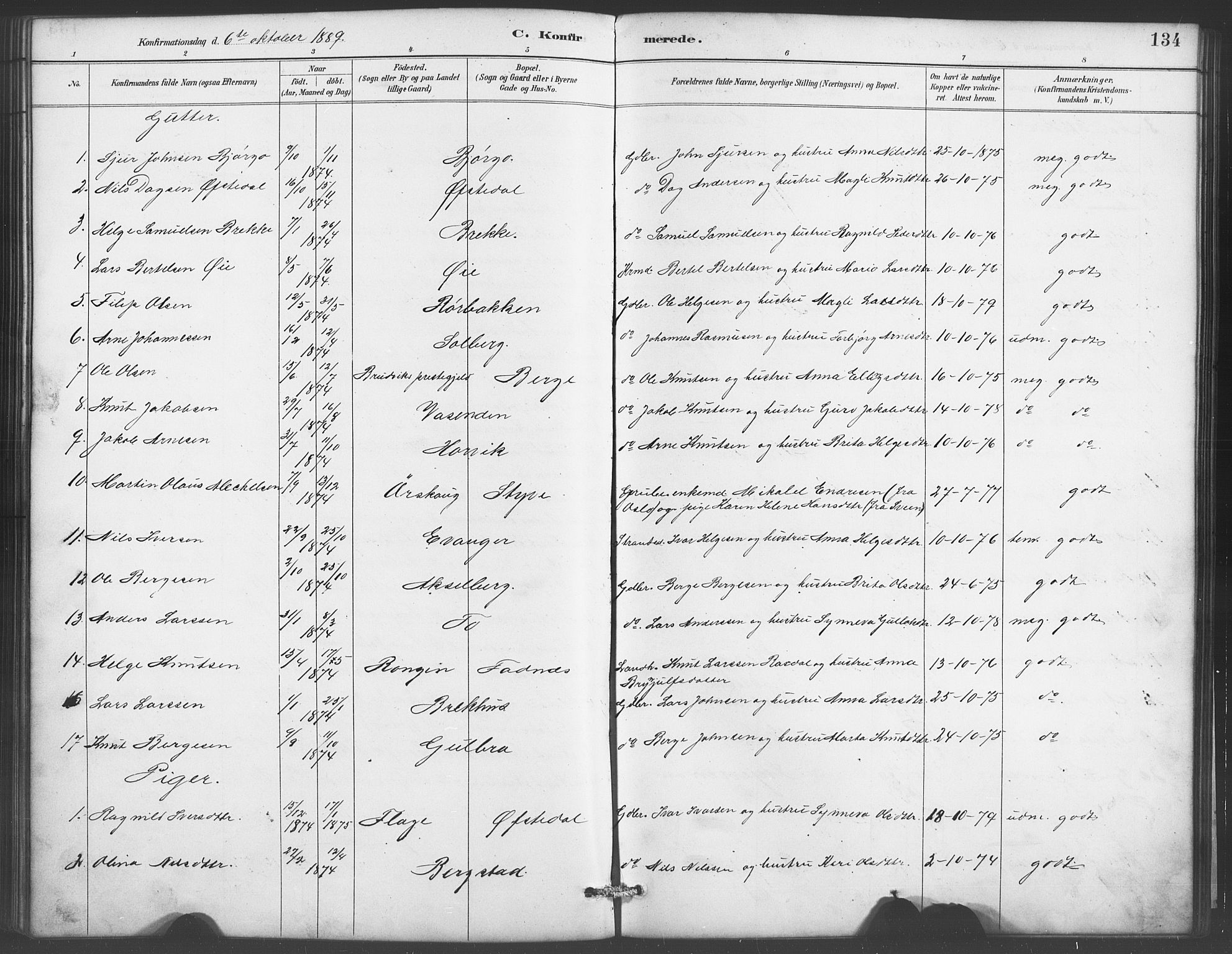 Evanger sokneprestembete, SAB/A-99924: Parish register (copy) no. A 4, 1887-1897, p. 134