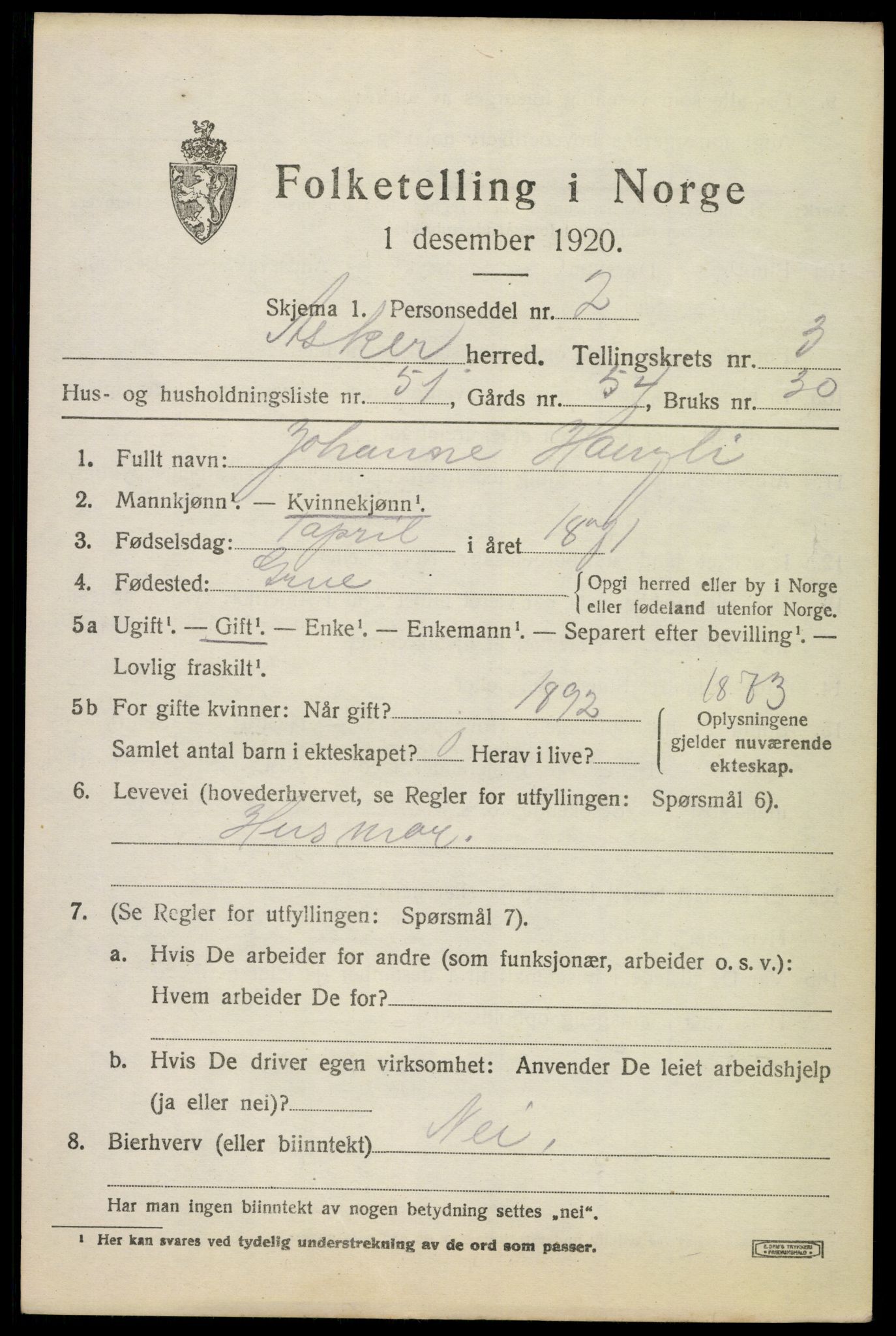 SAO, 1920 census for Asker, 1920, p. 8824