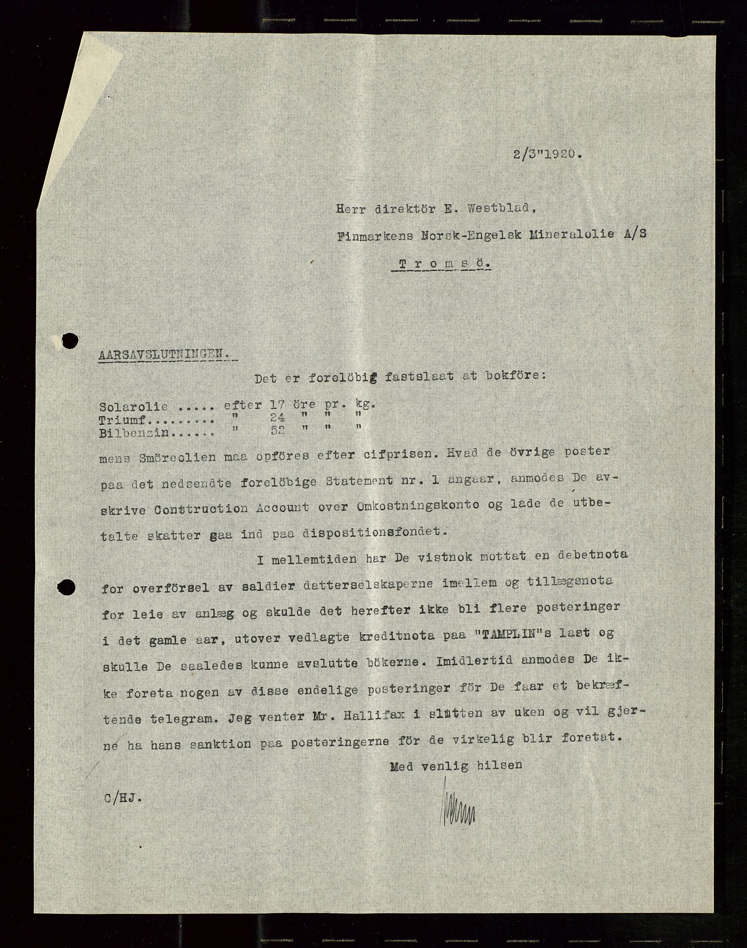 Pa 1521 - A/S Norske Shell, AV/SAST-A-101915/E/Ea/Eaa/L0010: Sjefskorrespondanse, 1920, p. 147