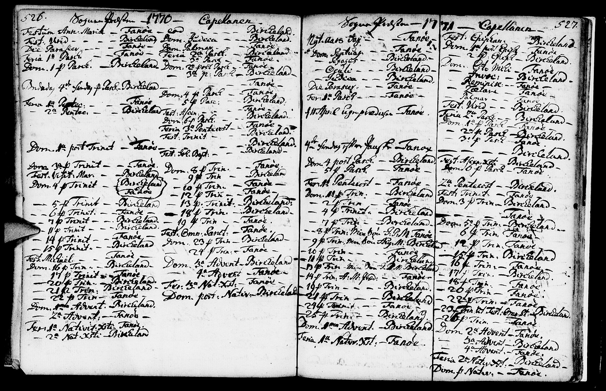 Fana Sokneprestembete, AV/SAB-A-75101/H/Haa/Haaa/L0004: Parish register (official) no. A 4, 1757-1774, p. 526-527