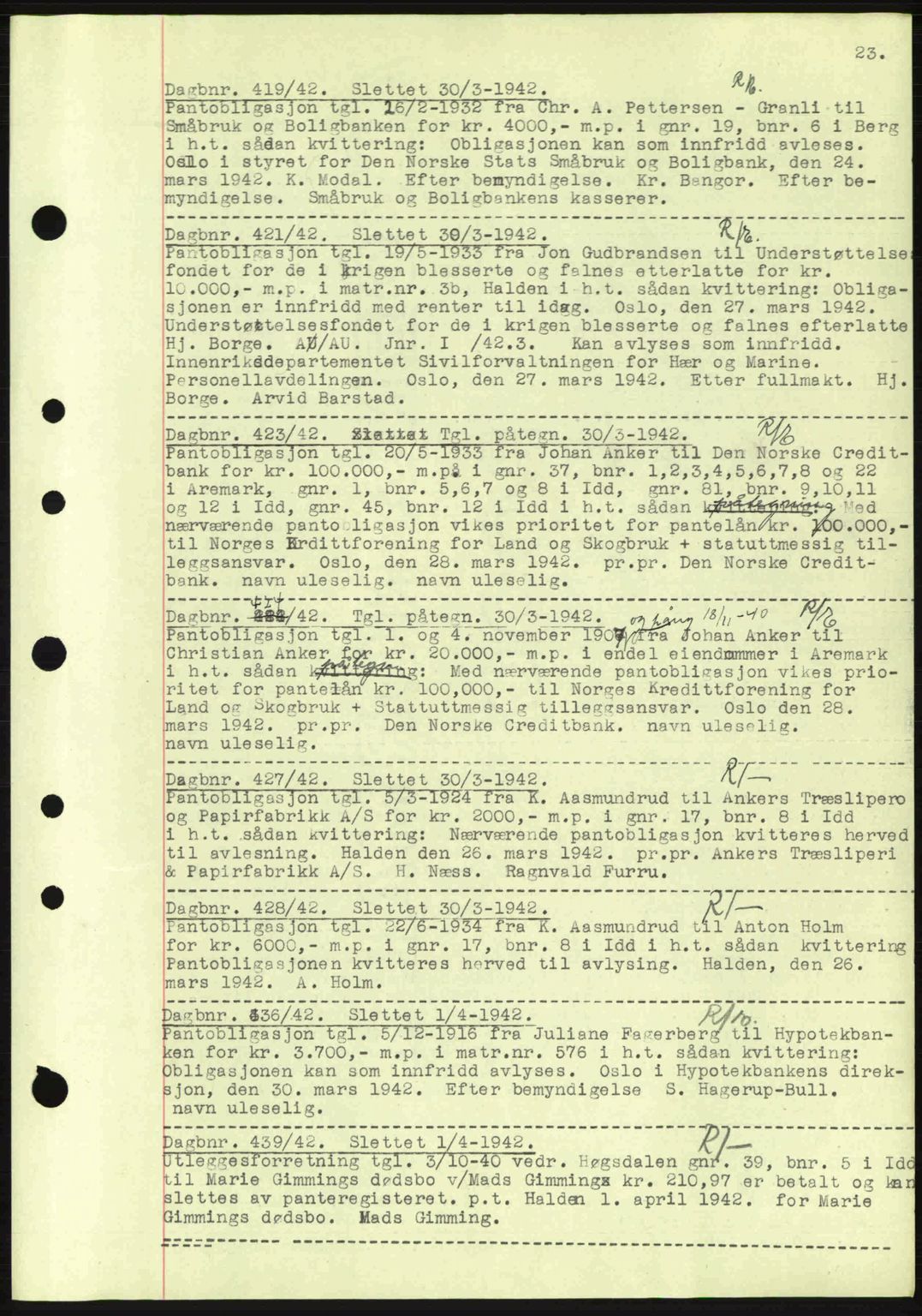 Idd og Marker sorenskriveri, AV/SAO-A-10283/G/Gb/Gbc/L0002: Mortgage book no. B4-9a, 1939-1945, Diary no: : 419/1942