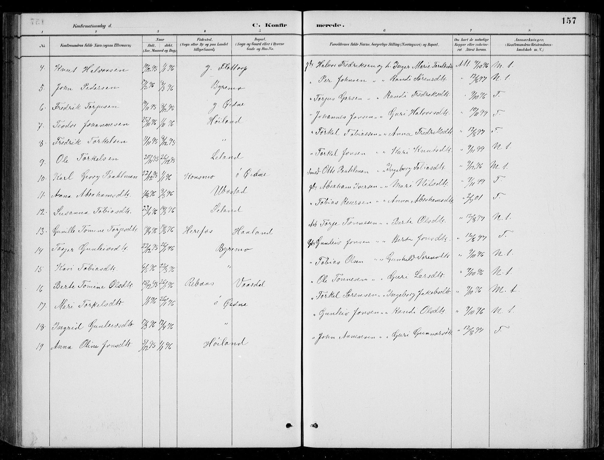 Bjelland sokneprestkontor, SAK/1111-0005/F/Fb/Fbc/L0003: Parish register (copy) no. B 3, 1887-1924, p. 157
