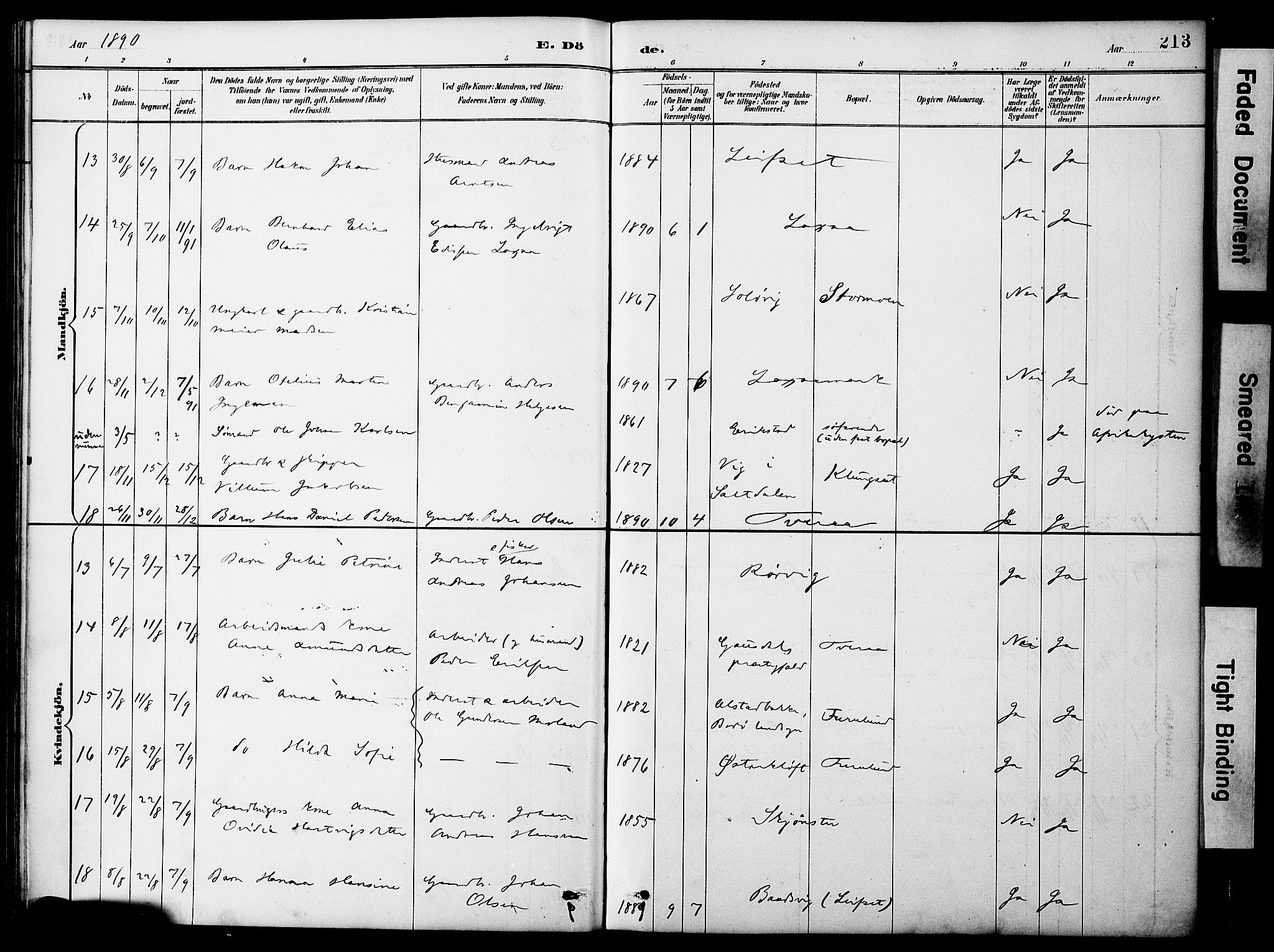 Ministerialprotokoller, klokkerbøker og fødselsregistre - Nordland, AV/SAT-A-1459/849/L0690: Parish register (official) no. 849A02, 1890-1897, p. 213