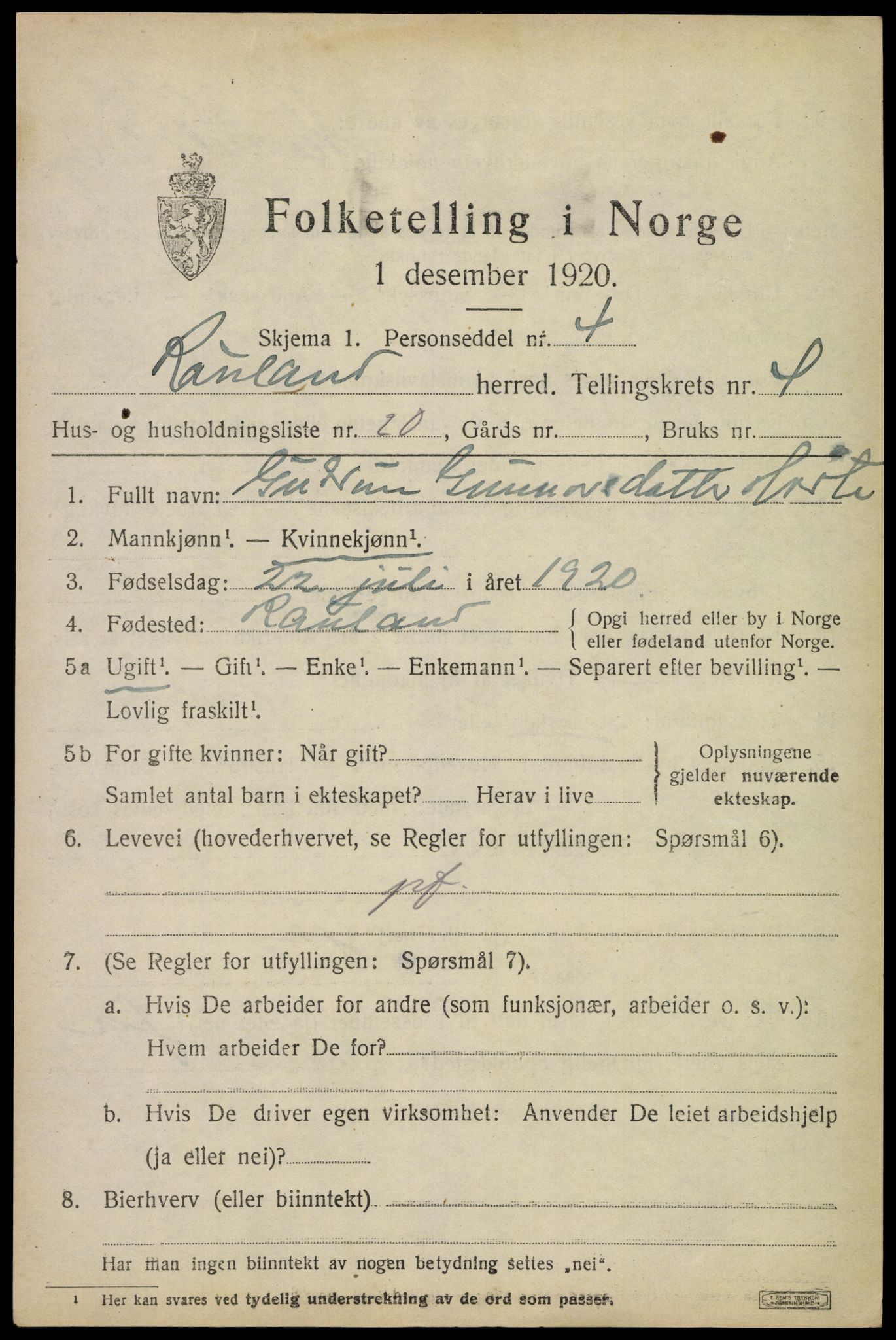 SAKO, 1920 census for Rauland, 1920, p. 1008