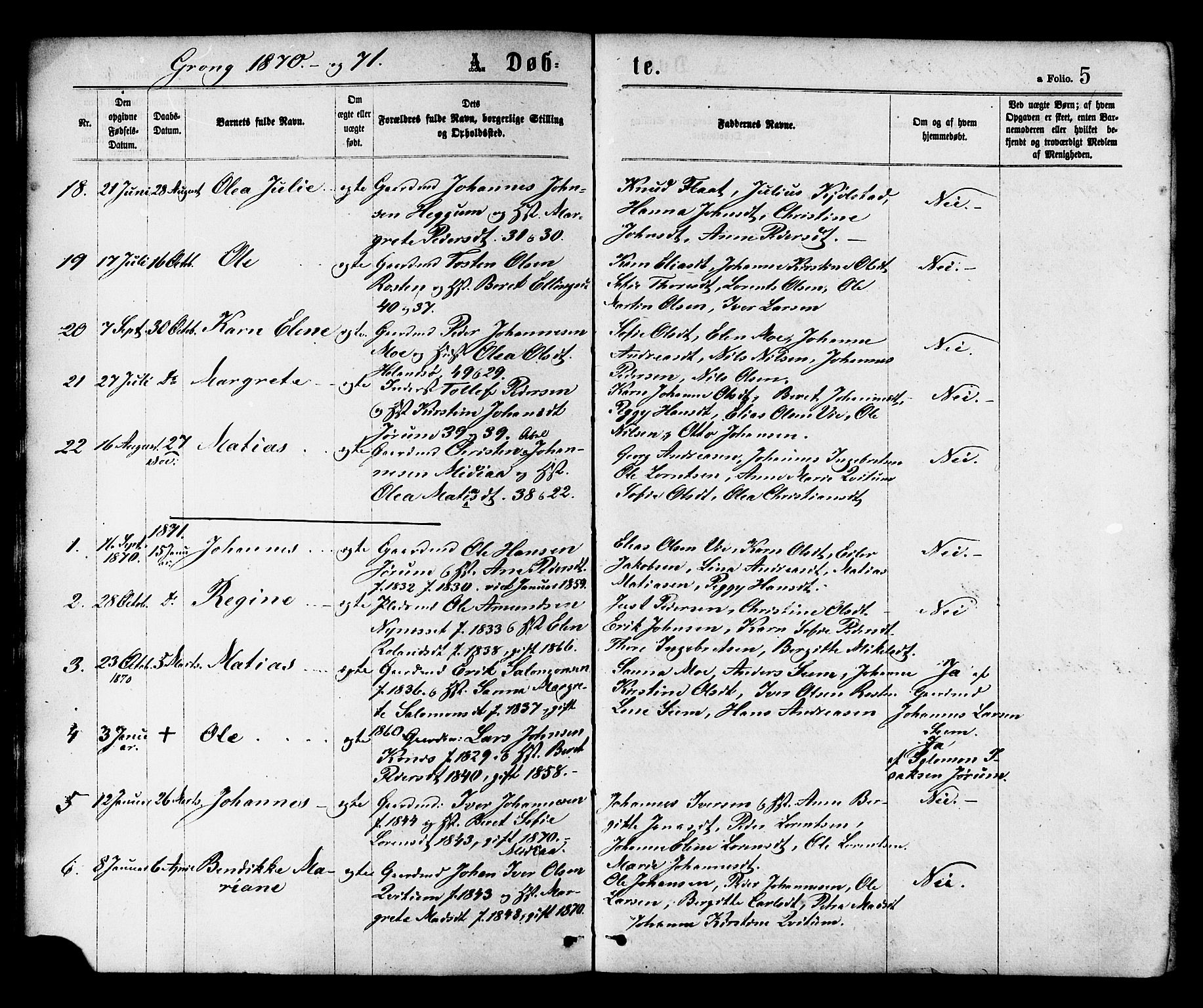 Ministerialprotokoller, klokkerbøker og fødselsregistre - Nord-Trøndelag, SAT/A-1458/758/L0516: Parish register (official) no. 758A03 /1, 1869-1879, p. 5