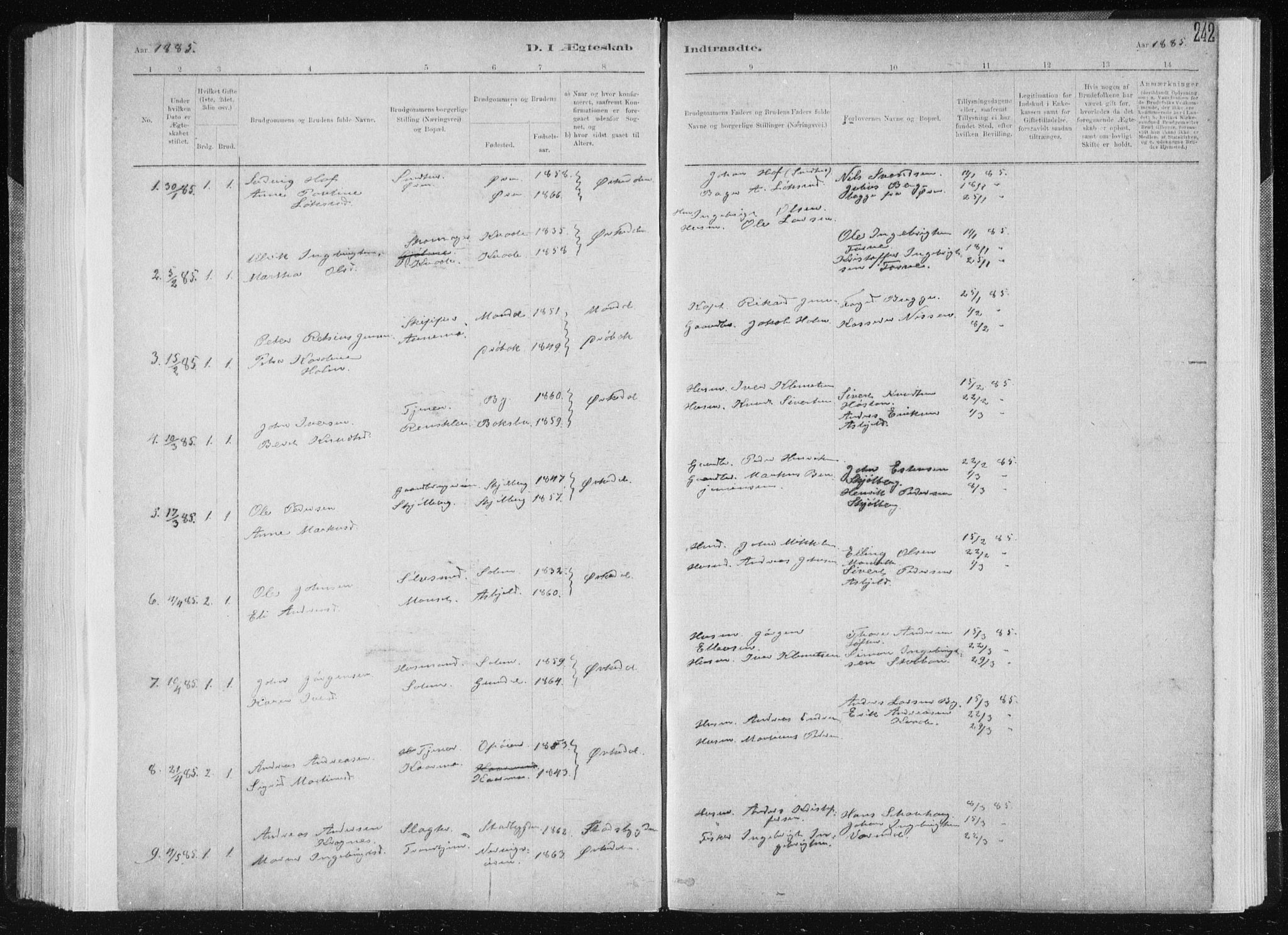 Ministerialprotokoller, klokkerbøker og fødselsregistre - Sør-Trøndelag, SAT/A-1456/668/L0818: Parish register (copy) no. 668C07, 1885-1898, p. 242
