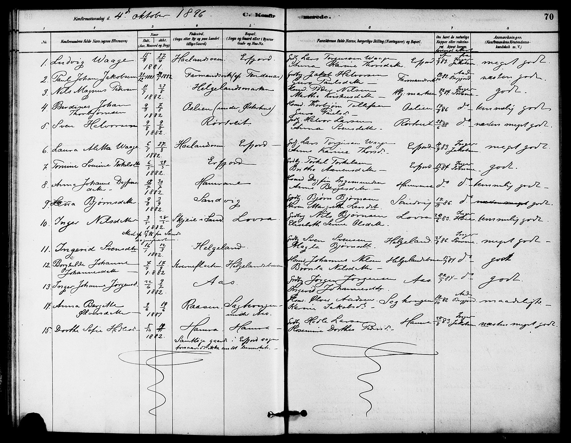 Jelsa sokneprestkontor, SAST/A-101842/01/IV: Parish register (official) no. A 9, 1878-1898, p. 70