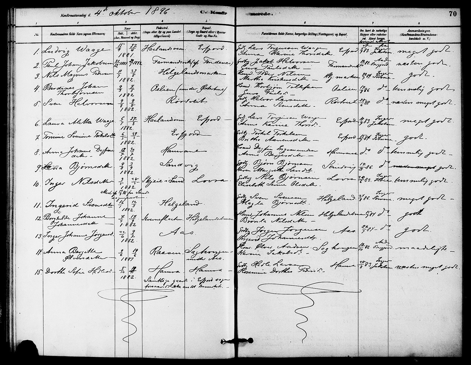 Jelsa sokneprestkontor, AV/SAST-A-101842/01/IV: Parish register (official) no. A 9, 1878-1898, p. 70