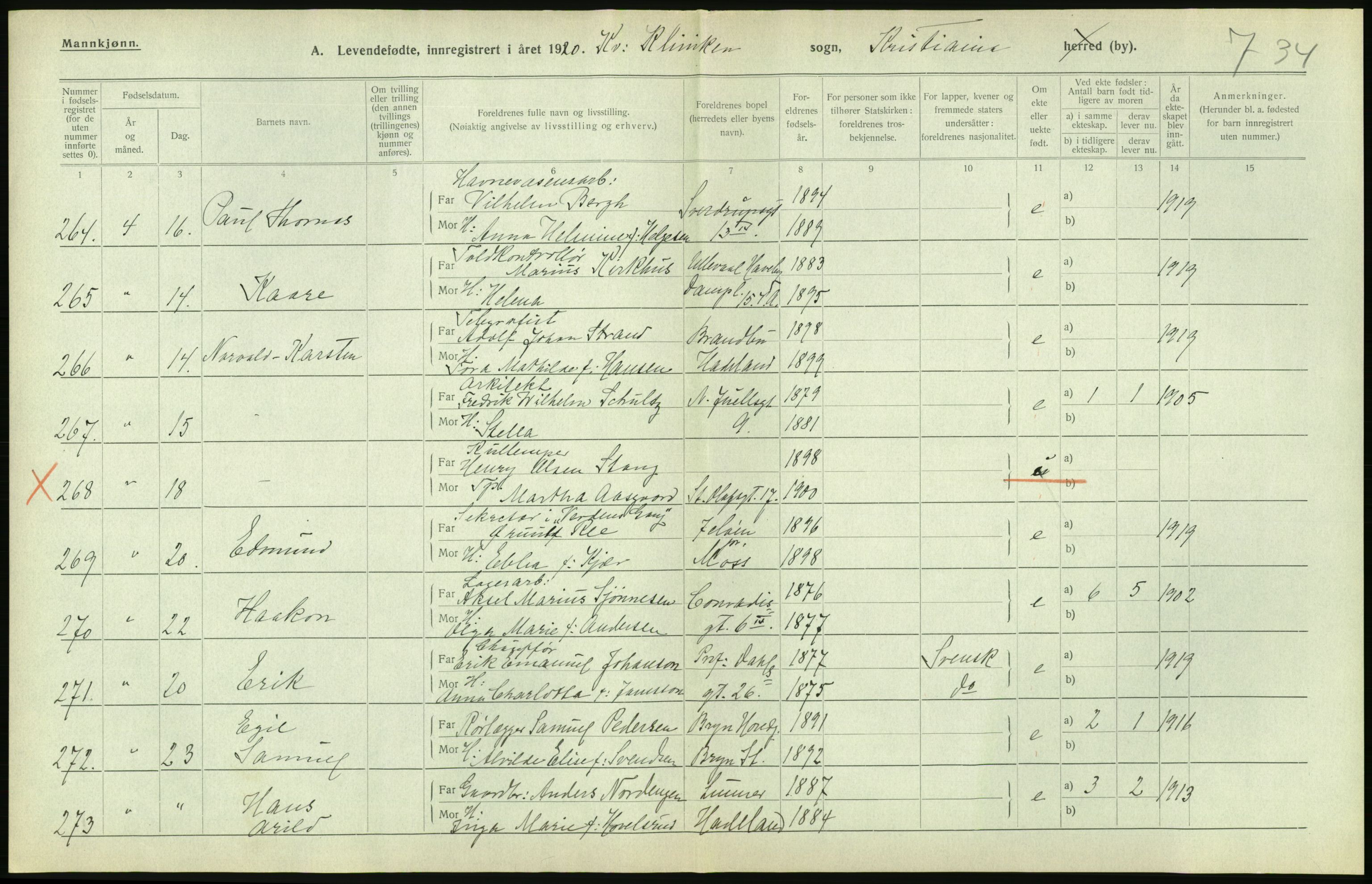 Statistisk sentralbyrå, Sosiodemografiske emner, Befolkning, AV/RA-S-2228/D/Df/Dfb/Dfbj/L0008: Kristiania: Levendefødte menn og kvinner., 1920, p. 378