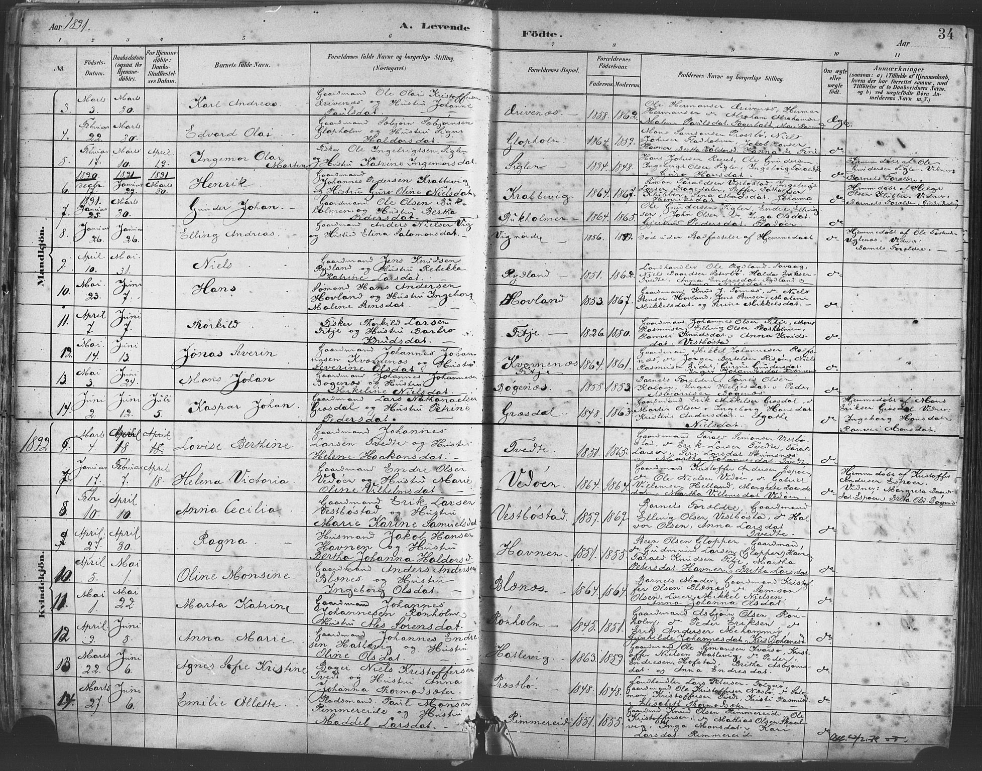 Fitjar sokneprestembete, AV/SAB-A-99926: Parish register (official) no. A 2, 1882-1899, p. 34