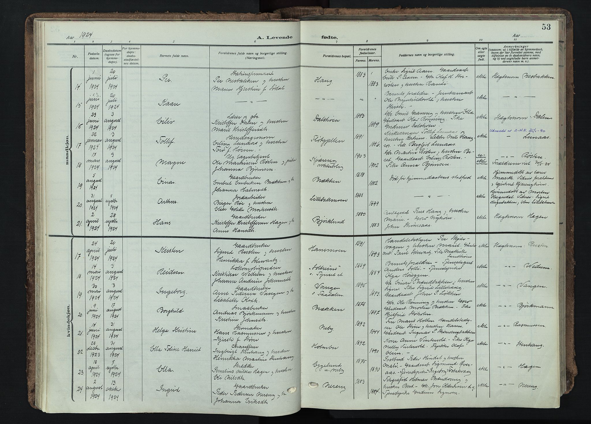 Tynset prestekontor, AV/SAH-PREST-058/H/Ha/Haa/L0026: Parish register (official) no. 26, 1915-1929, p. 53