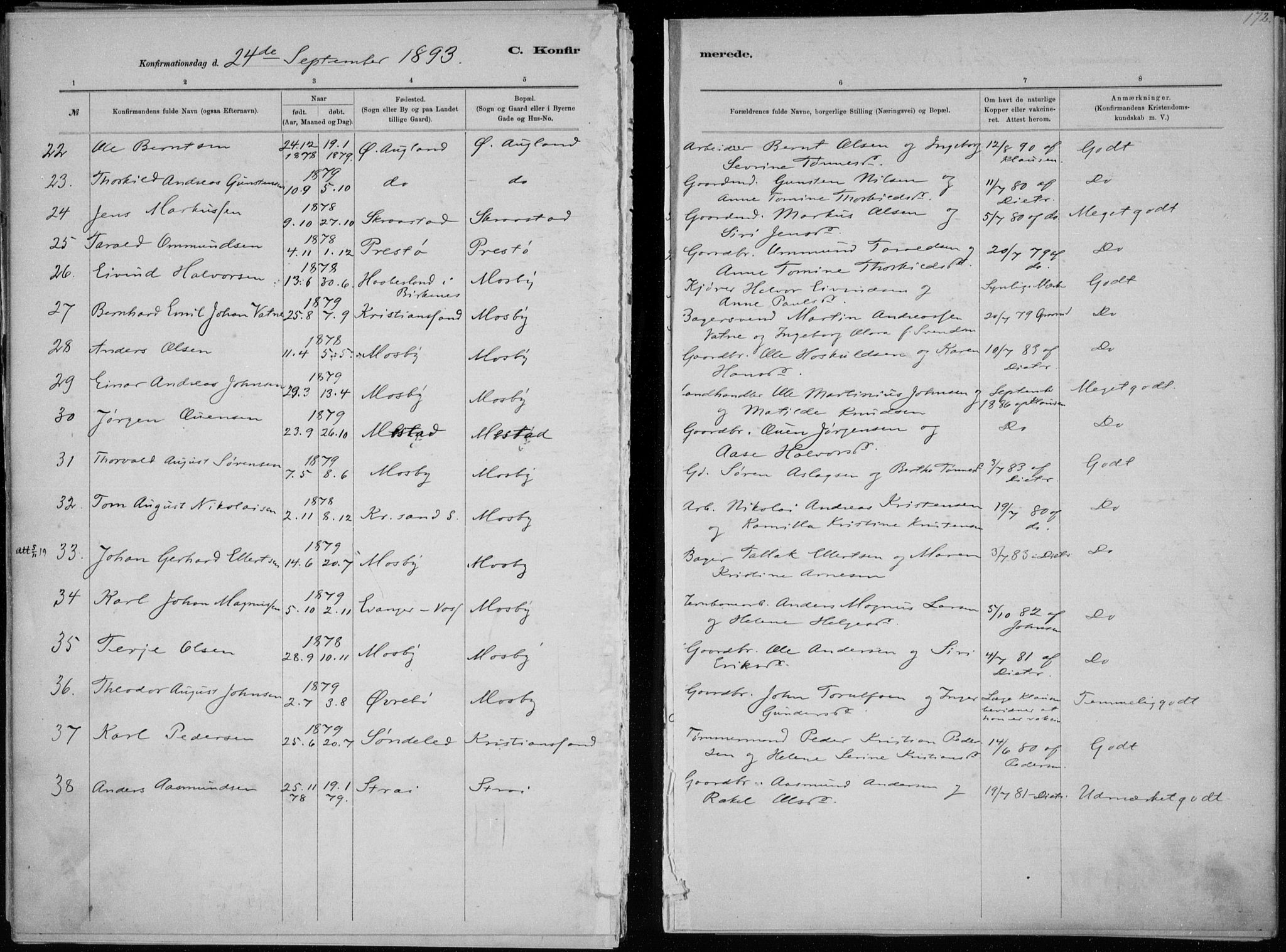 Oddernes sokneprestkontor, SAK/1111-0033/F/Fa/Faa/L0009: Parish register (official) no. A 9, 1884-1896, p. 172