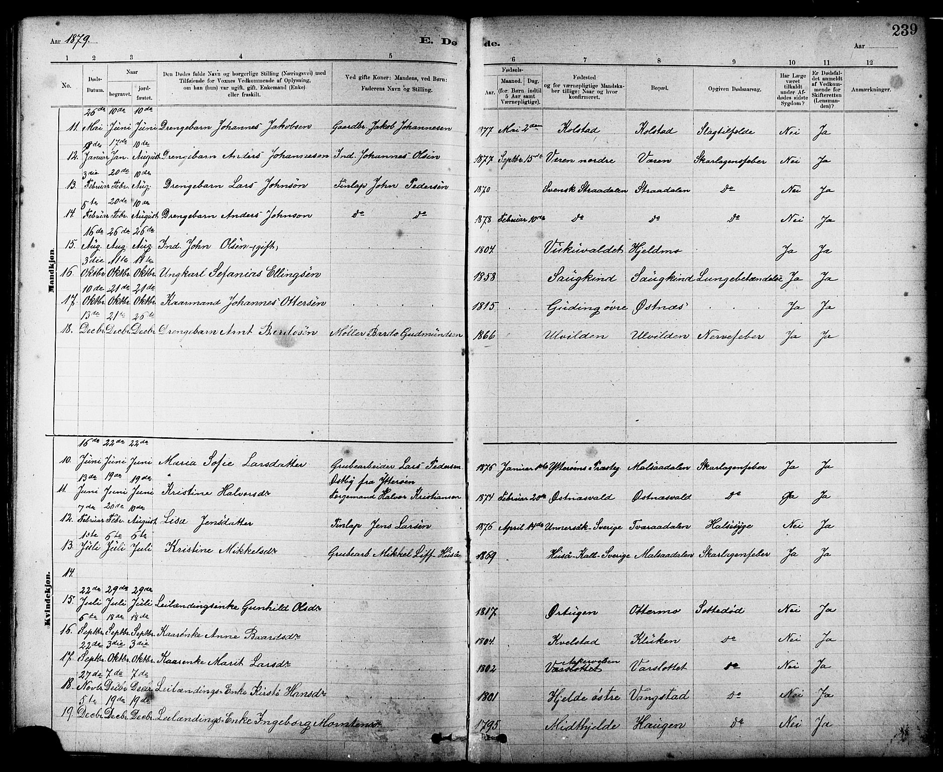 Ministerialprotokoller, klokkerbøker og fødselsregistre - Nord-Trøndelag, SAT/A-1458/724/L0267: Parish register (copy) no. 724C03, 1879-1898, p. 239