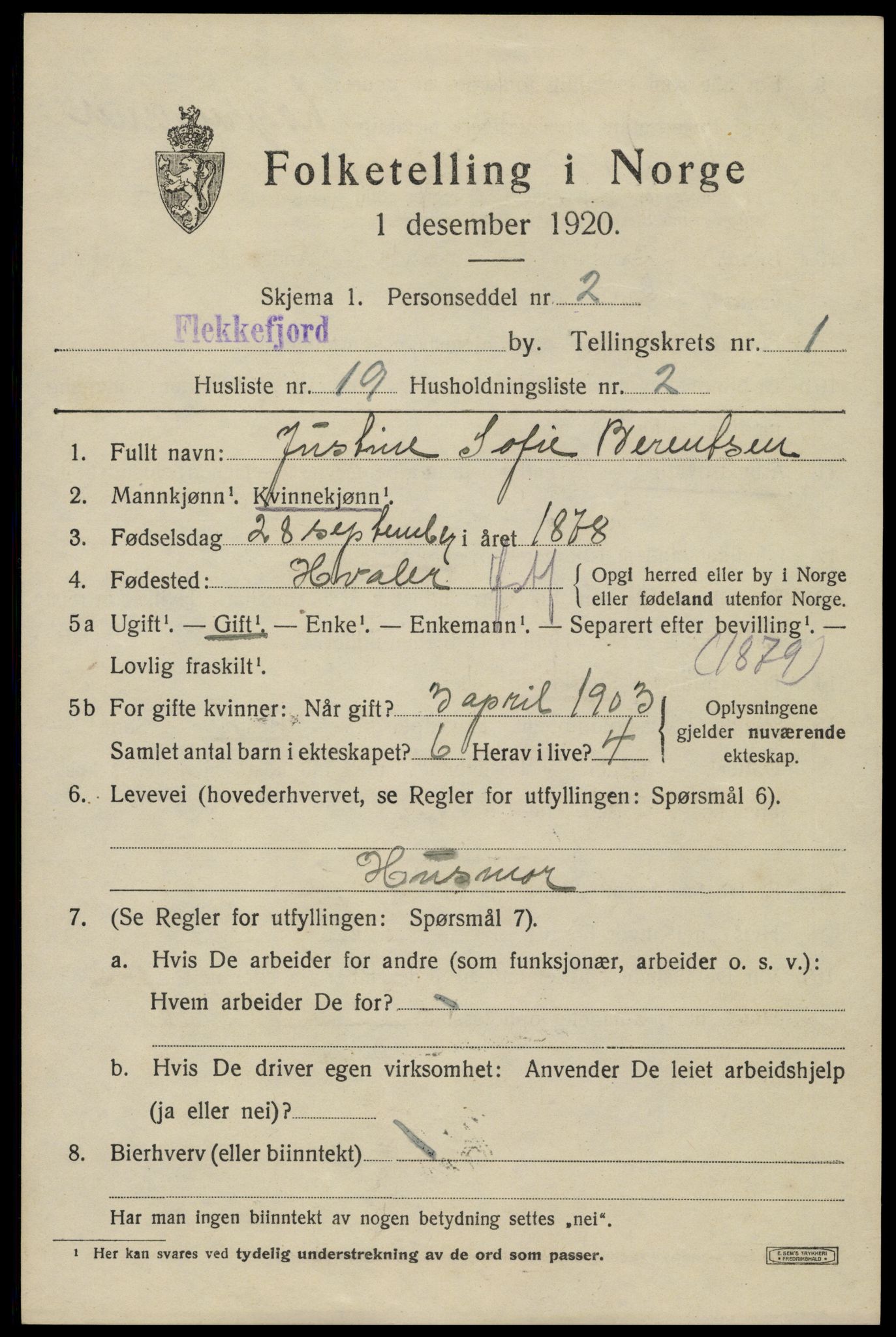 SAK, 1920 census for Flekkefjord, 1920, p. 2070