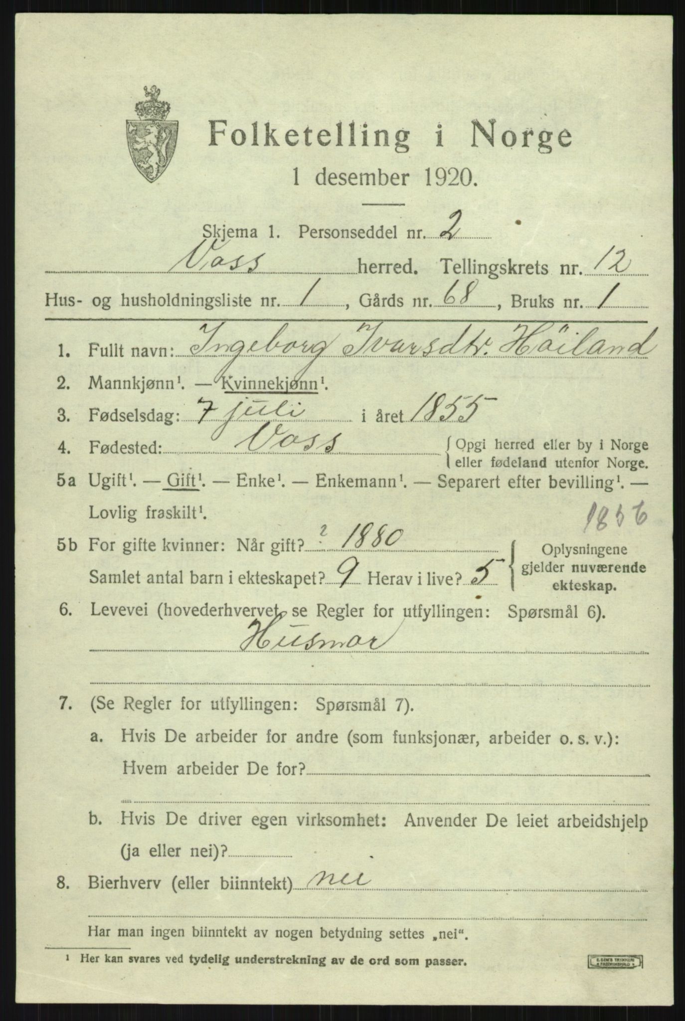 SAB, 1920 census for Voss, 1920, p. 10731