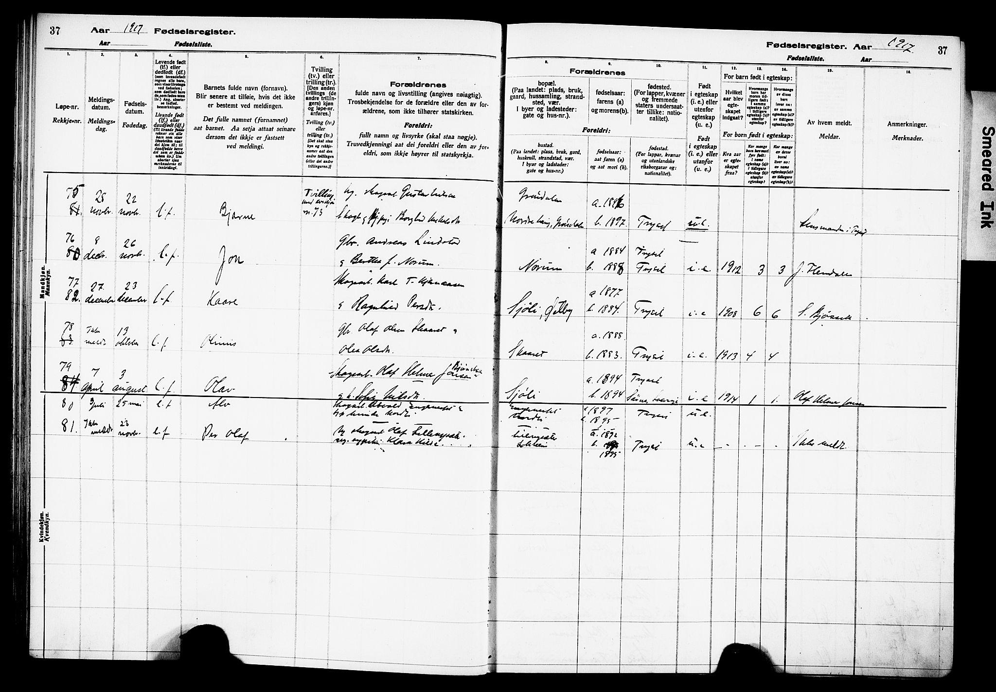 Trysil prestekontor, AV/SAH-PREST-046/I/Id/Ida/L0001: Birth register no. I 1, 1916-1927, p. 37