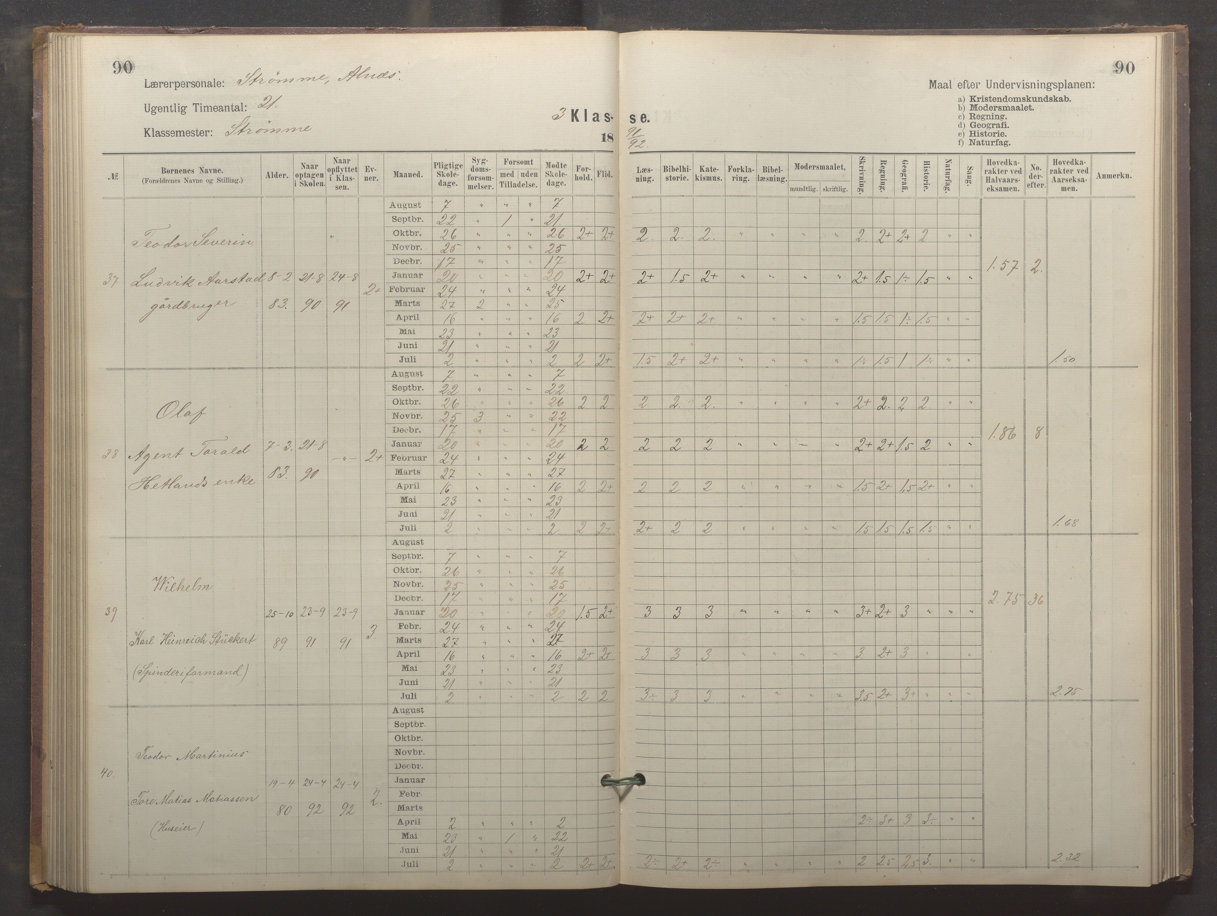 Egersund kommune (Ladested) - Egersund almueskole/folkeskole, IKAR/K-100521/H/L0024: Skoleprotokoll - Almueskolen, 3. klasse, 1887-1892, p. 90