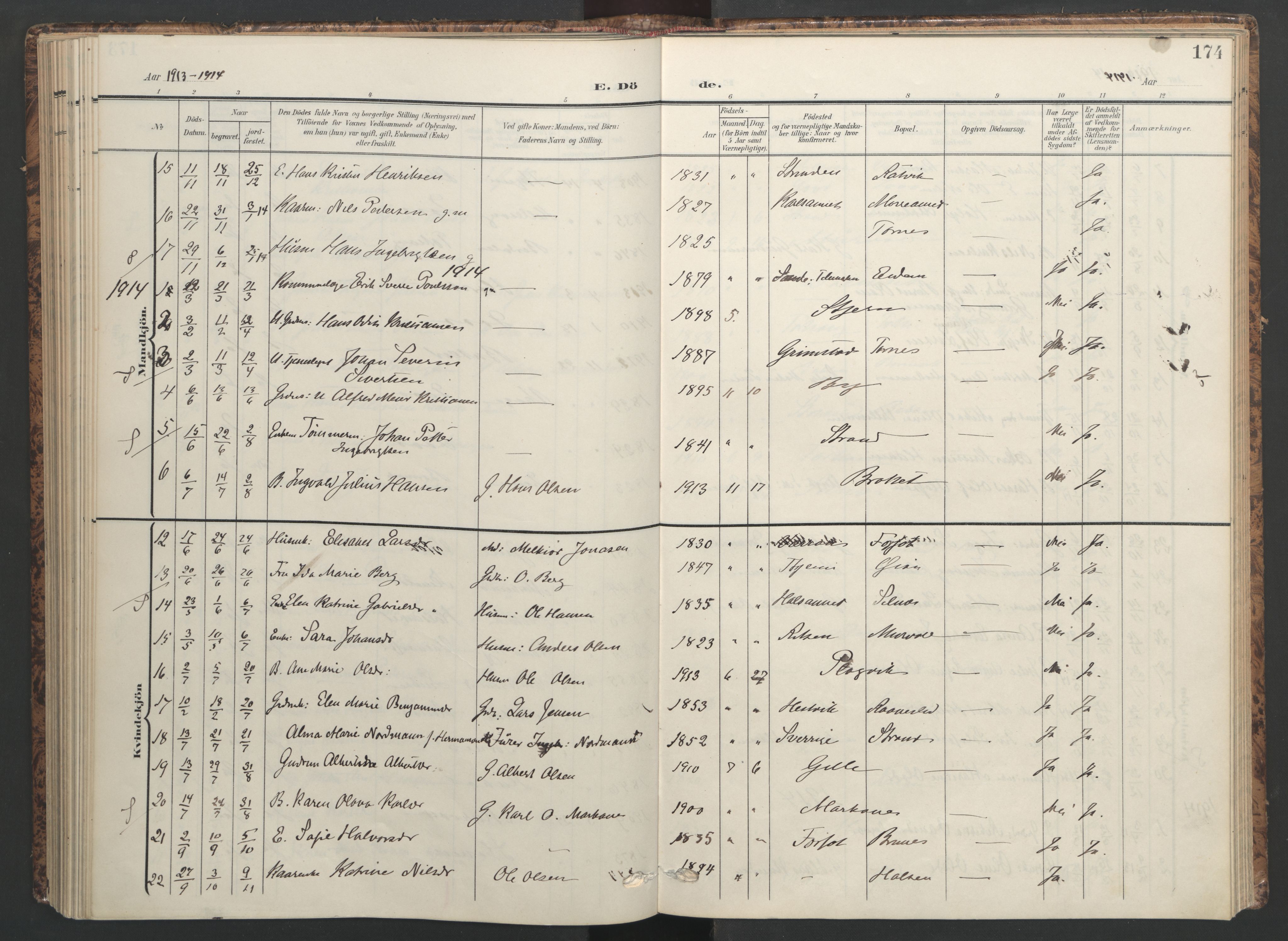 Ministerialprotokoller, klokkerbøker og fødselsregistre - Sør-Trøndelag, SAT/A-1456/655/L0682: Parish register (official) no. 655A11, 1908-1922, p. 174