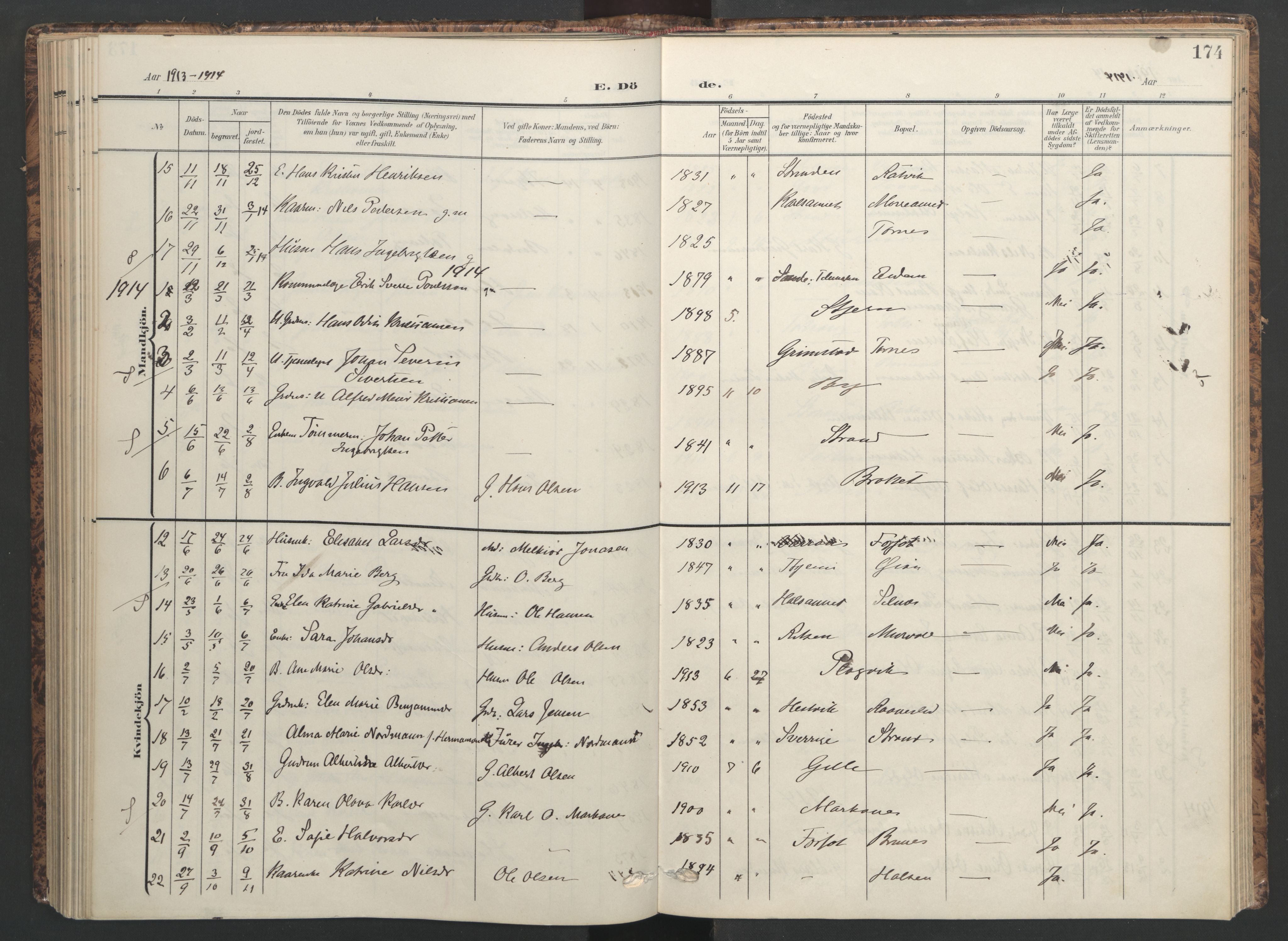 Ministerialprotokoller, klokkerbøker og fødselsregistre - Sør-Trøndelag, AV/SAT-A-1456/655/L0682: Parish register (official) no. 655A11, 1908-1922, p. 174