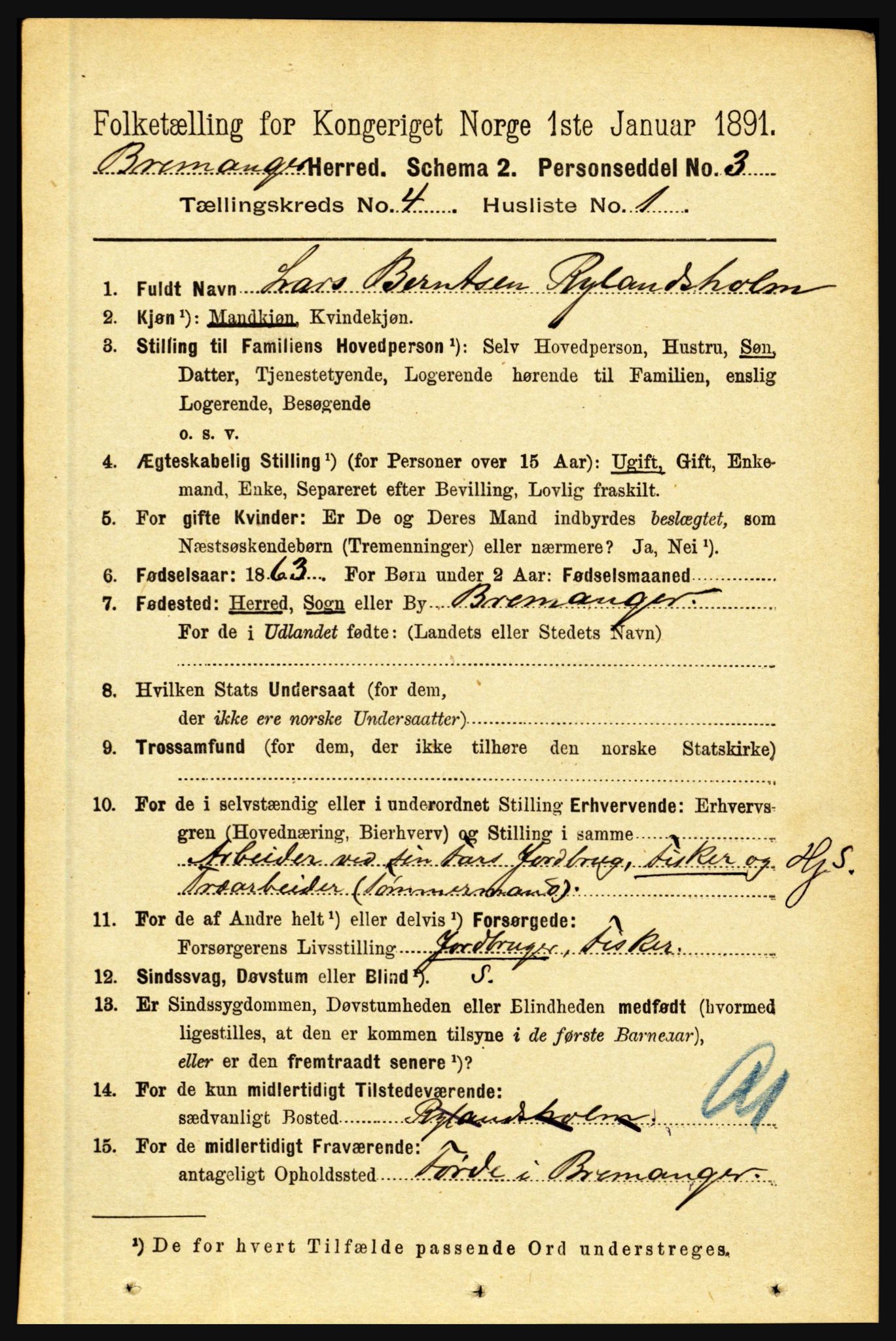 RA, 1891 census for 1438 Bremanger, 1891, p. 1514