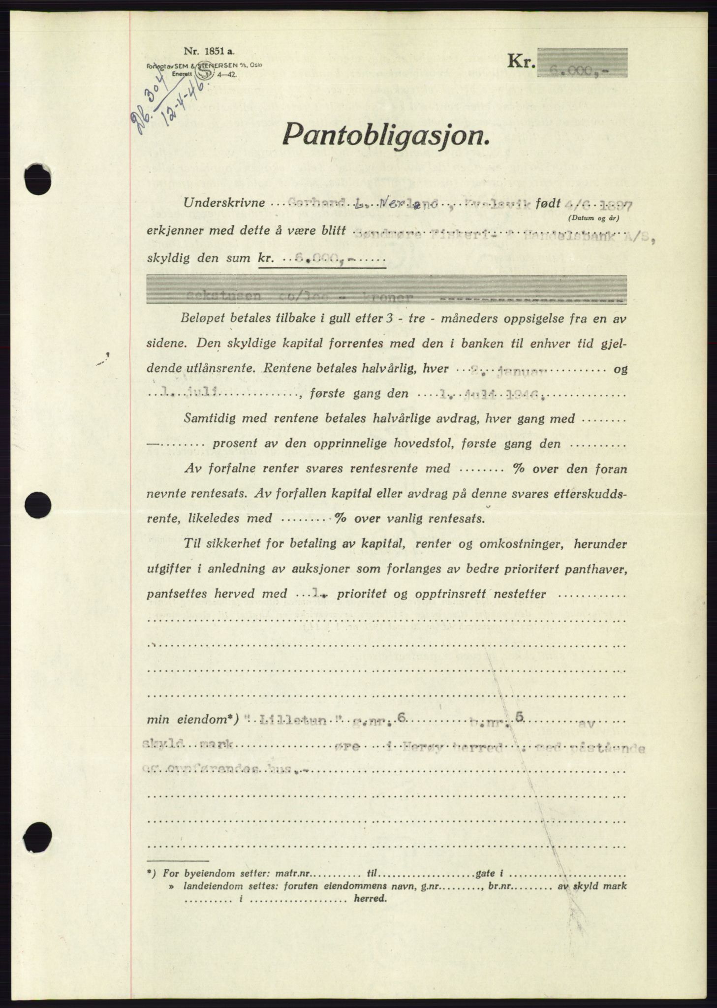 Søre Sunnmøre sorenskriveri, AV/SAT-A-4122/1/2/2C/L0114: Mortgage book no. 1-2B, 1943-1947, Diary no: : 304/1946