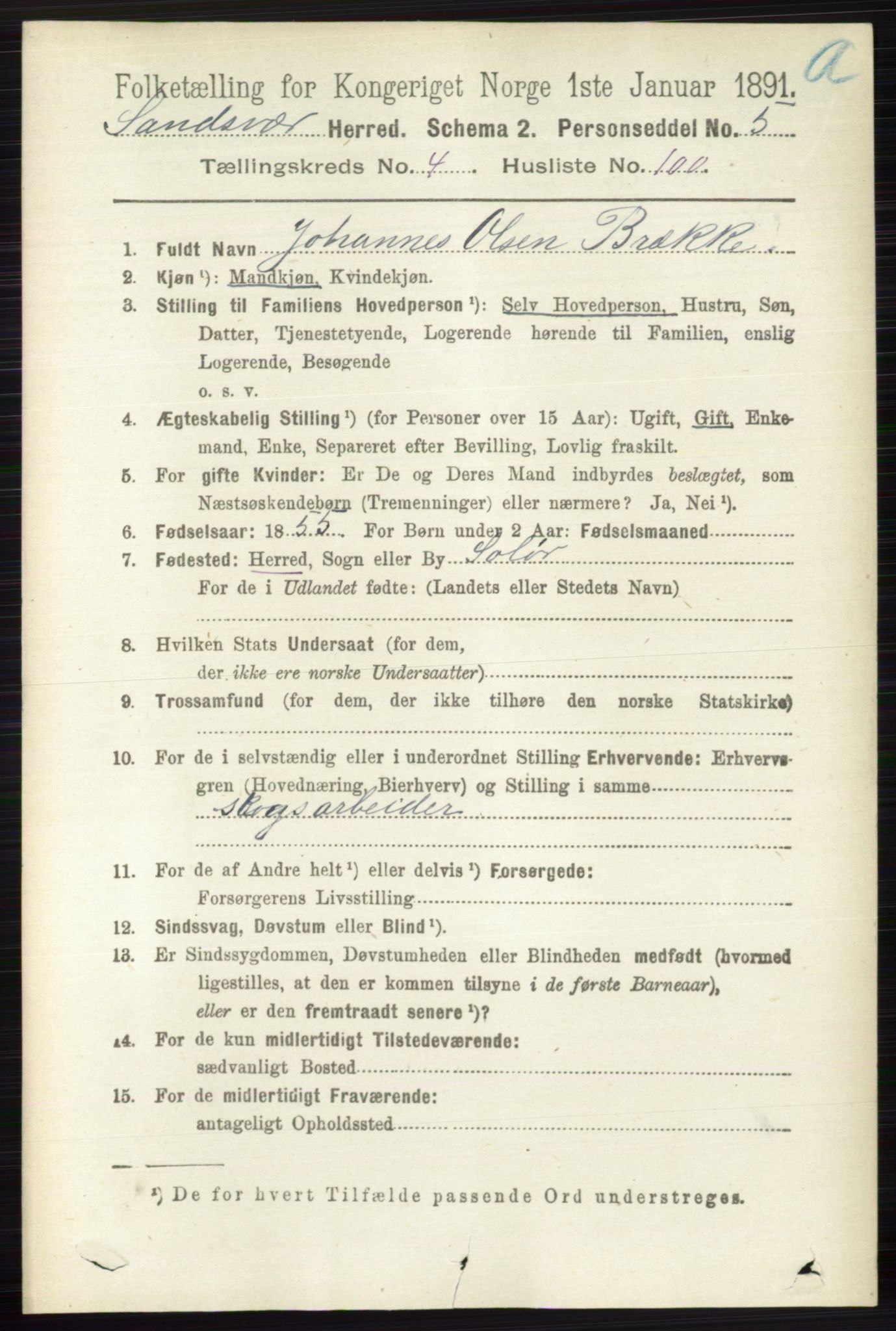 RA, 1891 census for 0629 Sandsvær, 1891, p. 2431