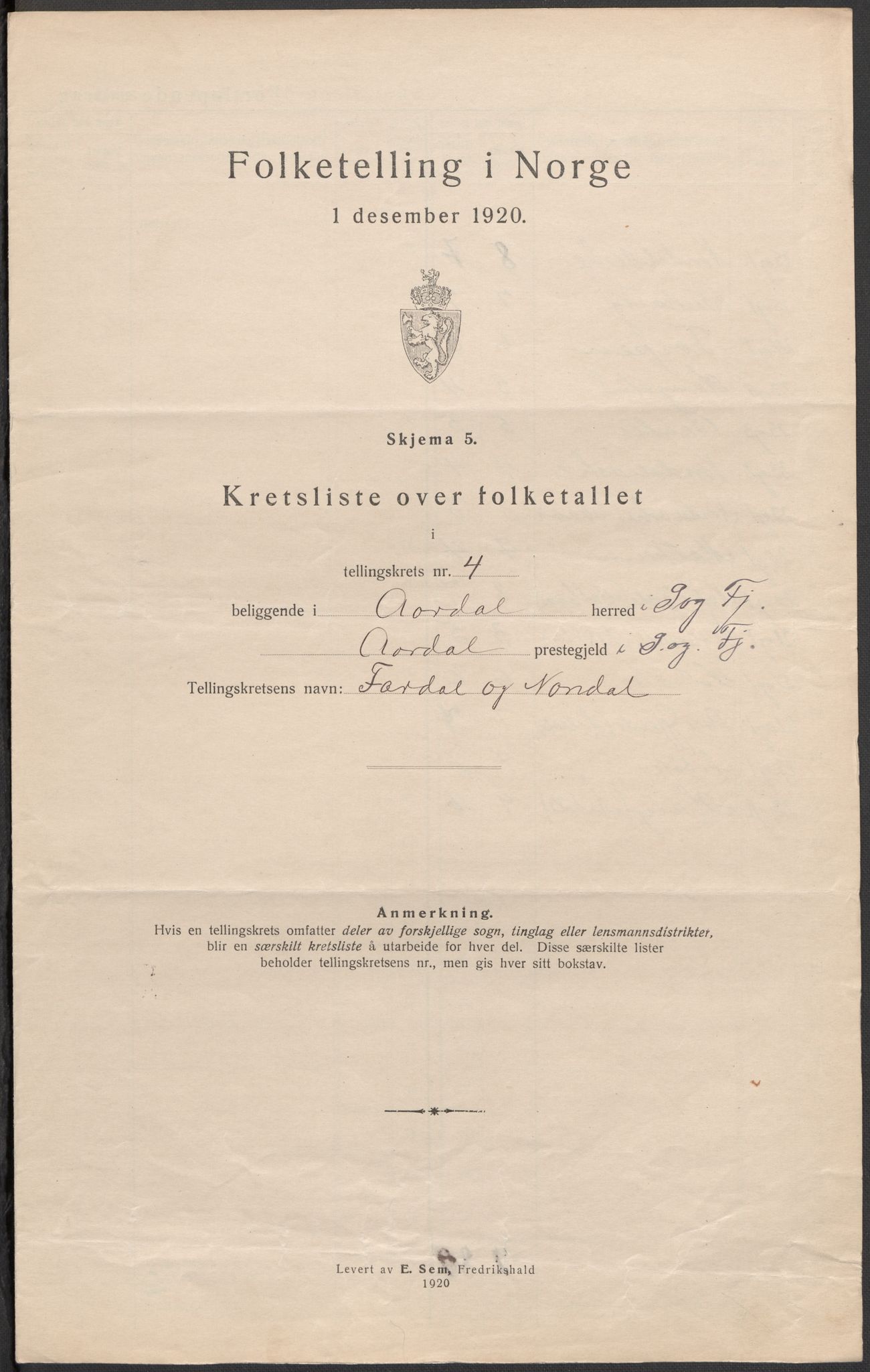 SAB, 1920 census for Årdal, 1920, p. 15