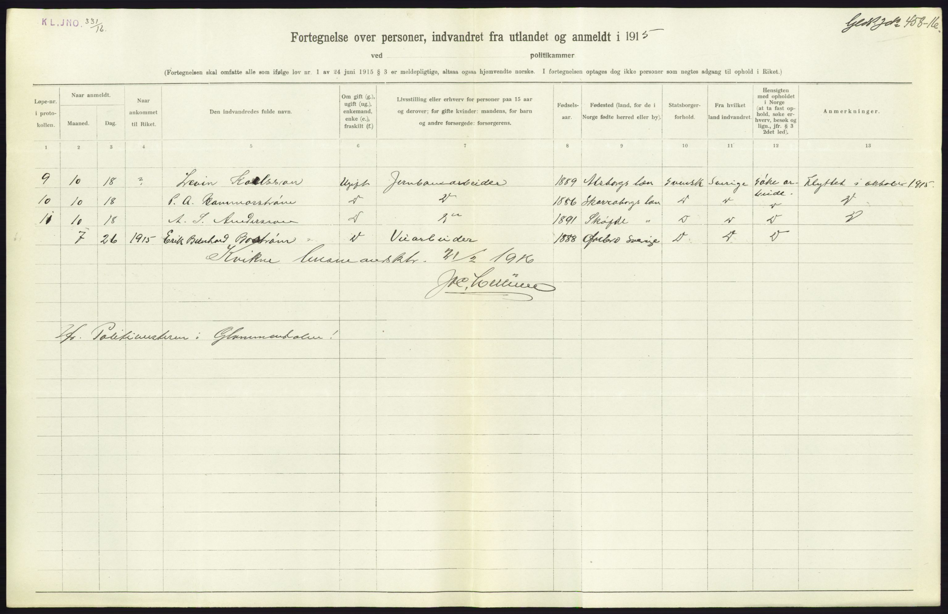 Statistisk sentralbyrå, Sosioøkonomiske emner, Folketellinger, boliger og boforhold, AV/RA-S-2231/F/Fa/L0001: Innvandring. Navn/fylkesvis, 1915, p. 268