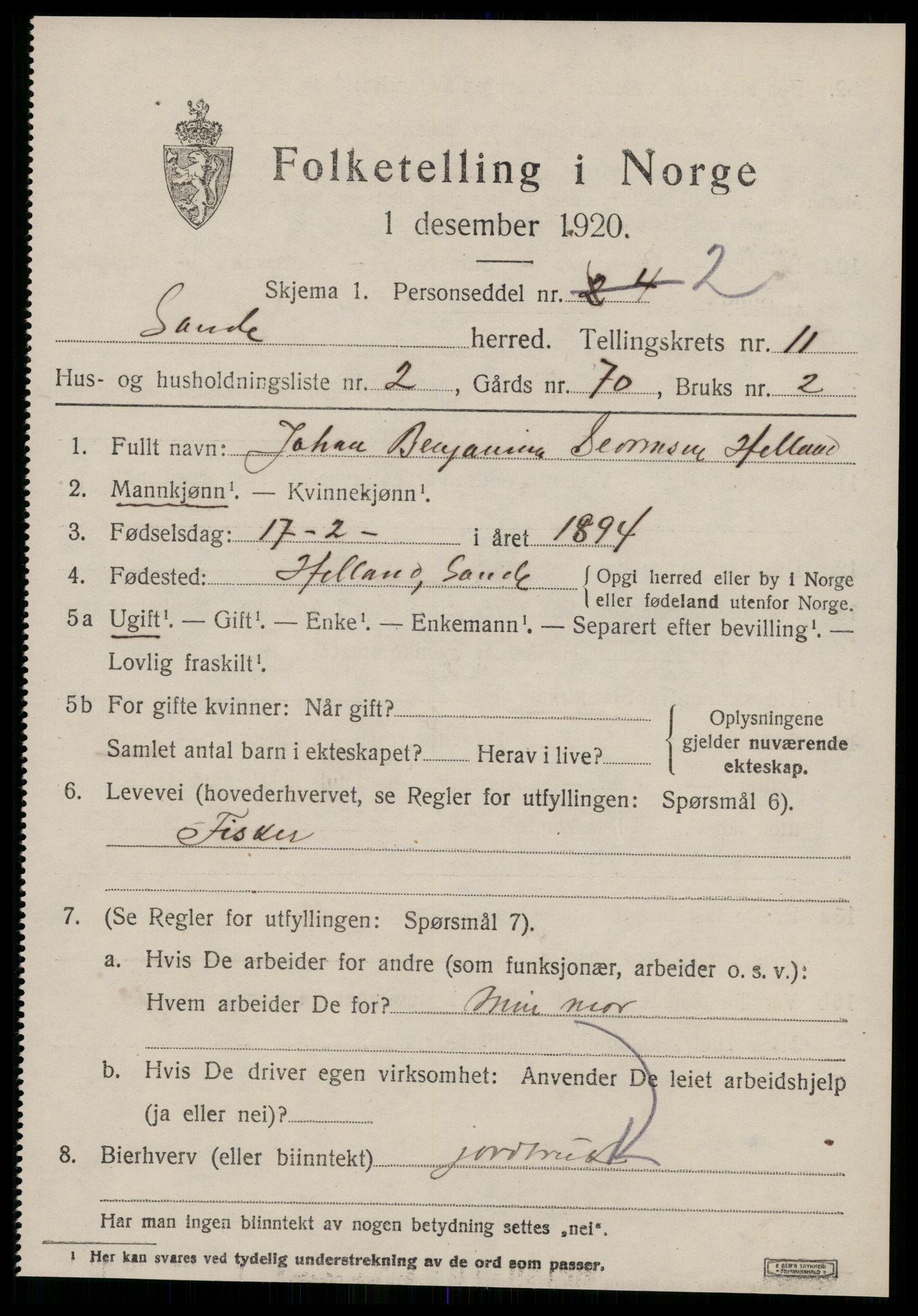 SAT, 1920 census for Sande (MR), 1920, p. 5736