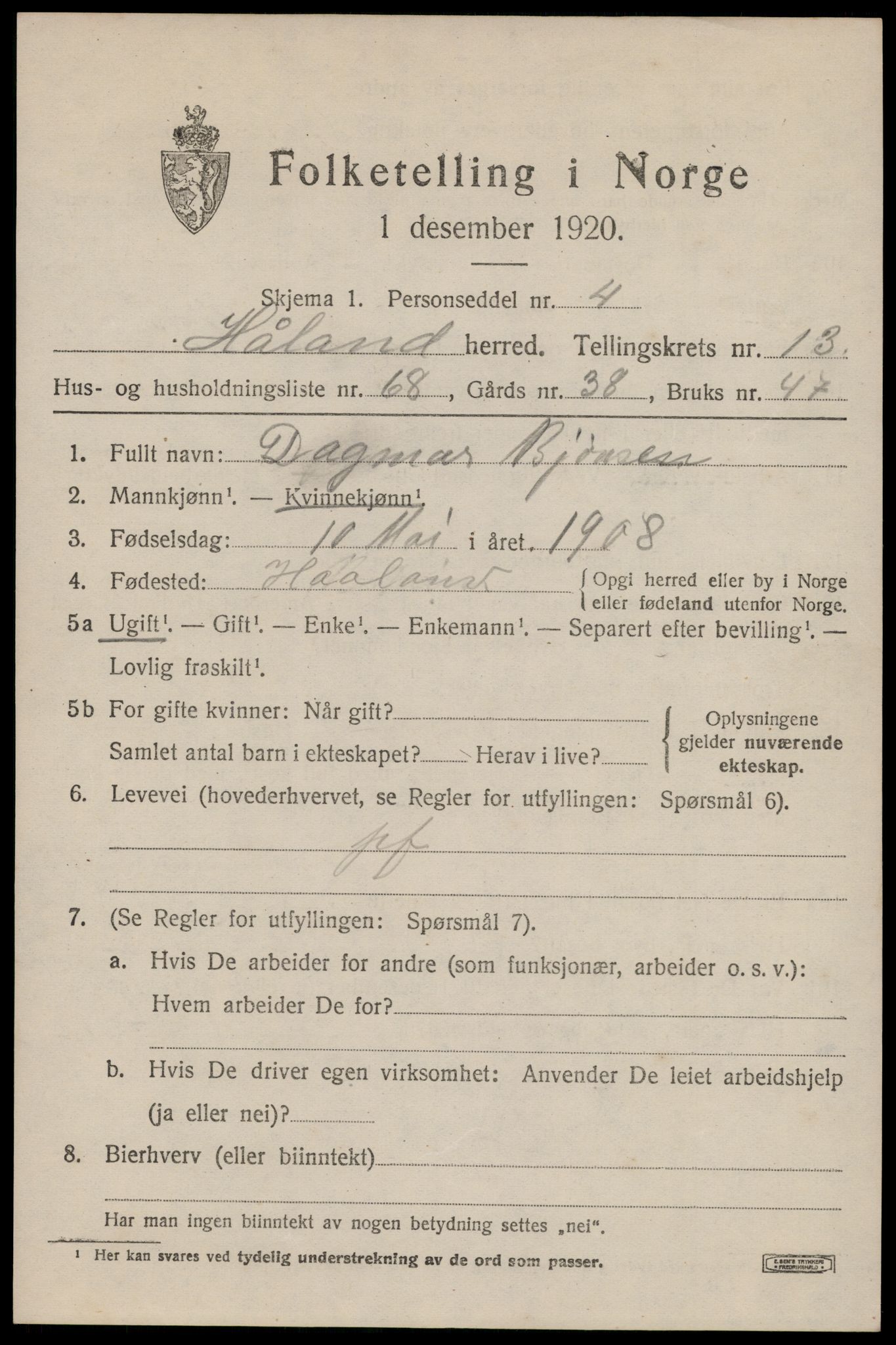 SAST, 1920 census for Håland, 1920, p. 9965