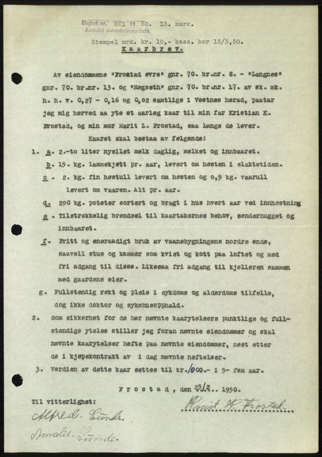 Romsdal sorenskriveri, AV/SAT-A-4149/1/2/2C: Mortgage book no. A32, 1950-1950, Diary no: : 821/1950