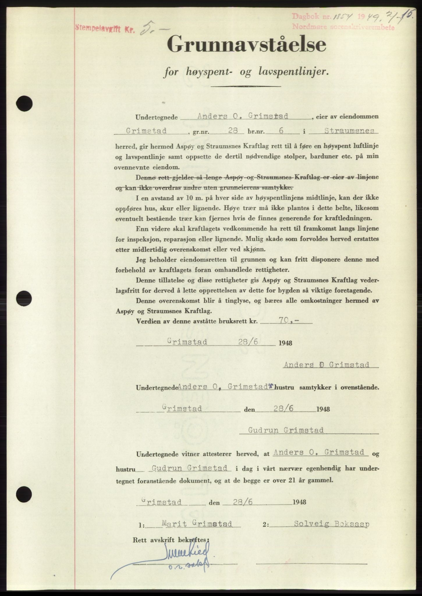 Nordmøre sorenskriveri, AV/SAT-A-4132/1/2/2Ca: Mortgage book no. B102, 1949-1949, Diary no: : 1854/1949