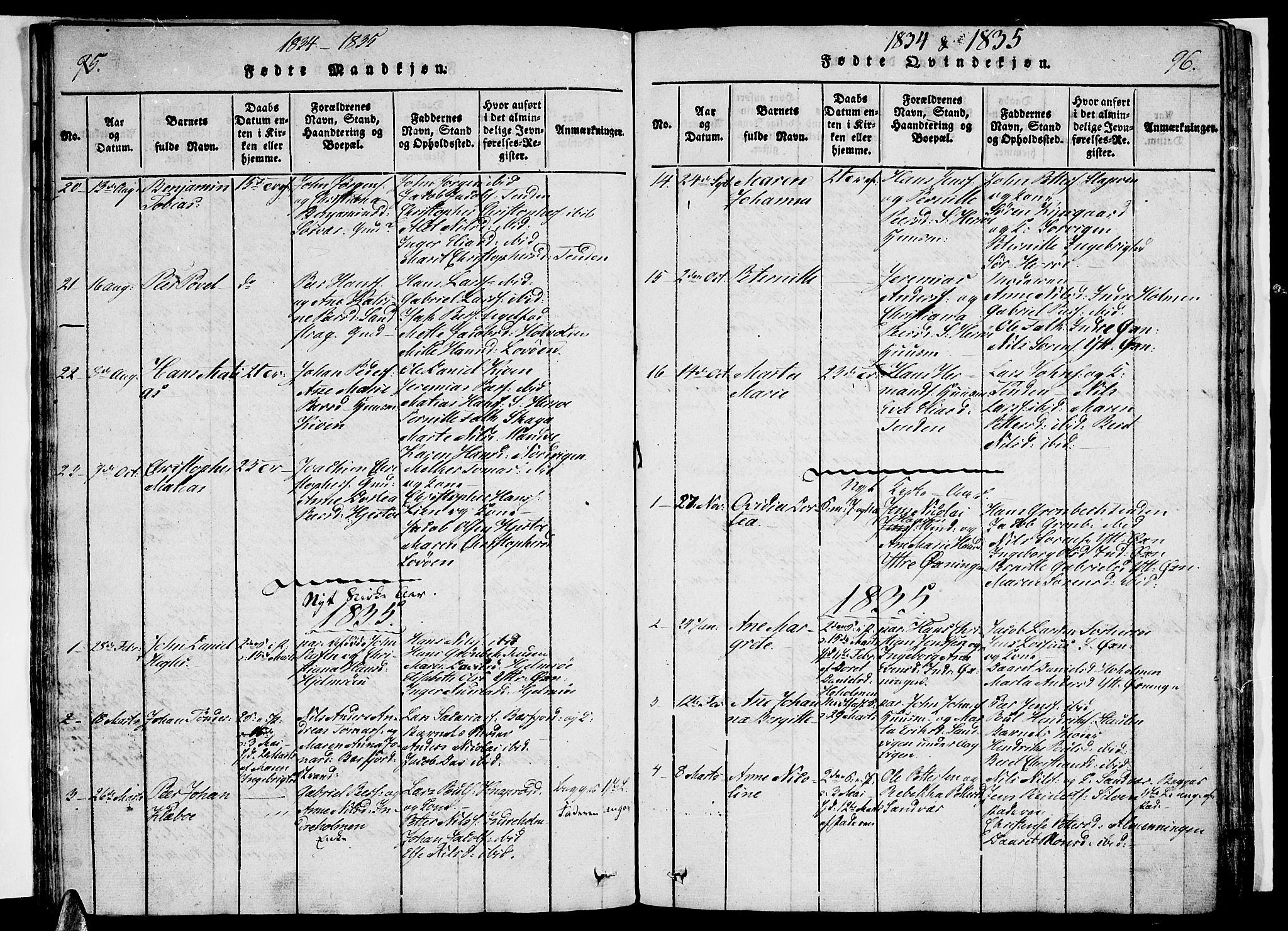 Ministerialprotokoller, klokkerbøker og fødselsregistre - Nordland, AV/SAT-A-1459/834/L0510: Parish register (copy) no. 834C01, 1820-1847, p. 95-96