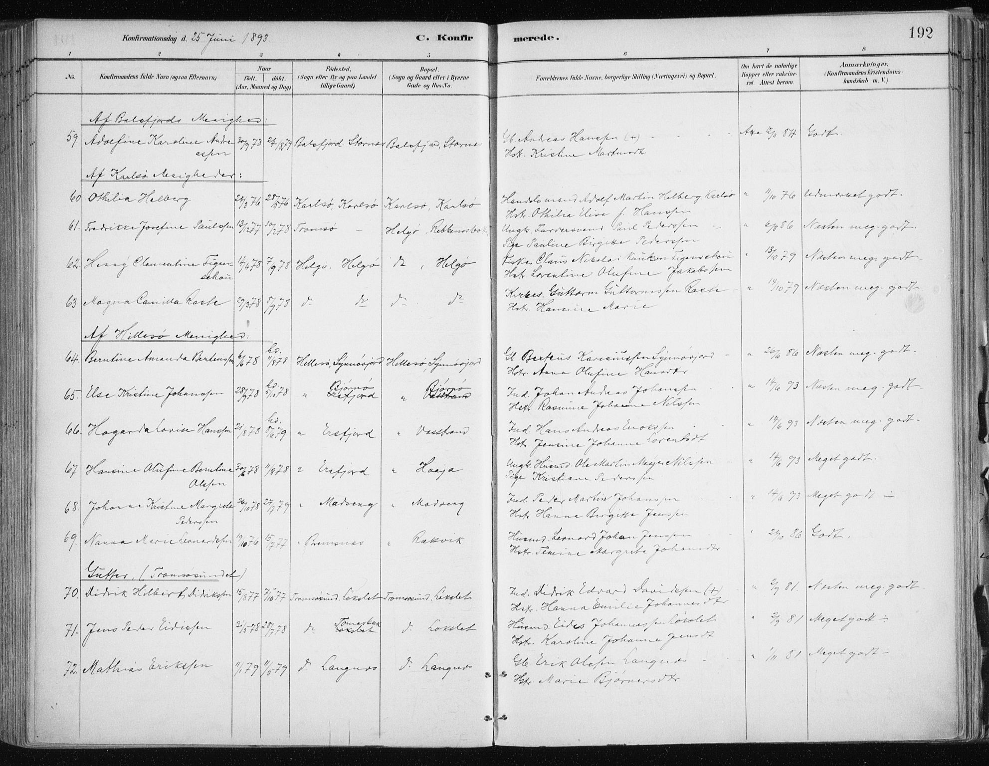 Tromsøysund sokneprestkontor, AV/SATØ-S-1304/G/Ga/L0005kirke: Parish register (official) no. 5, 1888-1896, p. 192