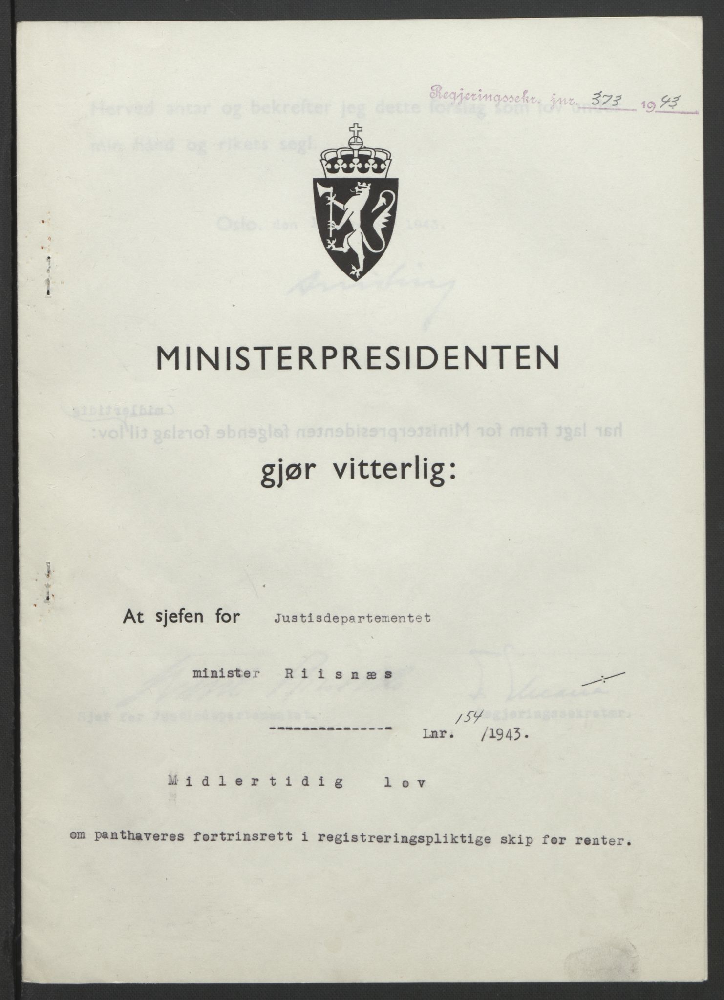 NS-administrasjonen 1940-1945 (Statsrådsekretariatet, de kommisariske statsråder mm), RA/S-4279/D/Db/L0099: Lover, 1943, p. 731