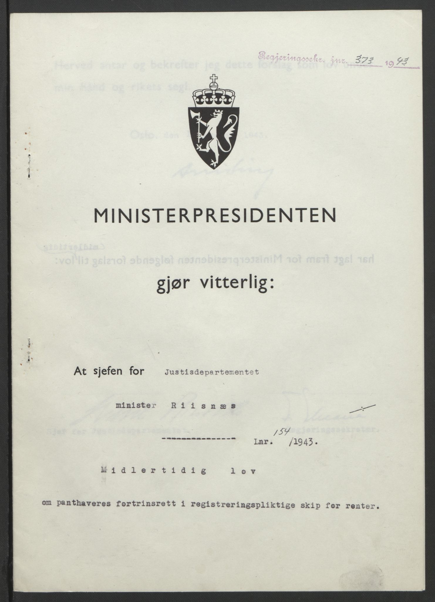 NS-administrasjonen 1940-1945 (Statsrådsekretariatet, de kommisariske statsråder mm), AV/RA-S-4279/D/Db/L0099: Lover, 1943, p. 731