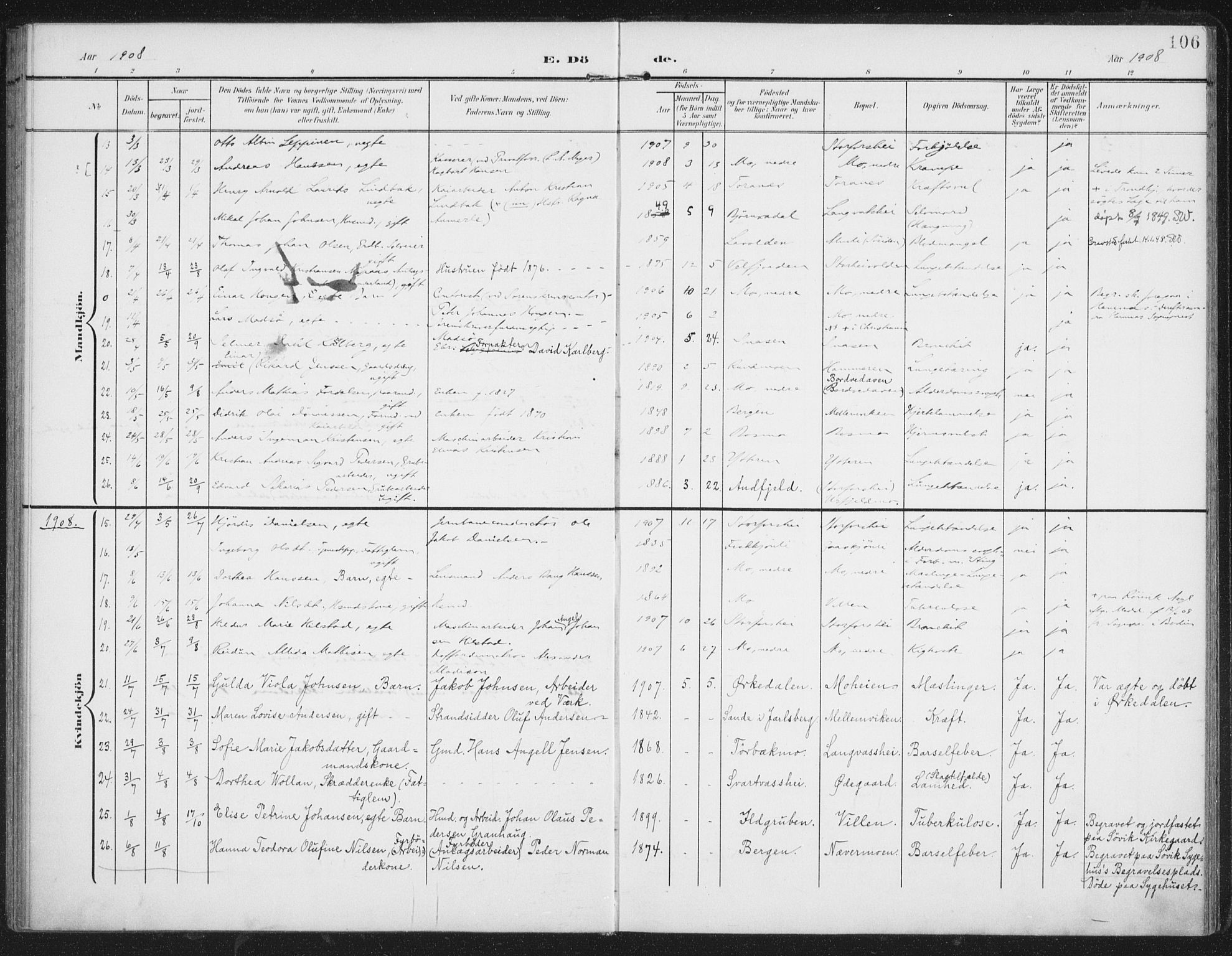 Ministerialprotokoller, klokkerbøker og fødselsregistre - Nordland, AV/SAT-A-1459/827/L0403: Parish register (official) no. 827A15, 1903-1912, p. 106