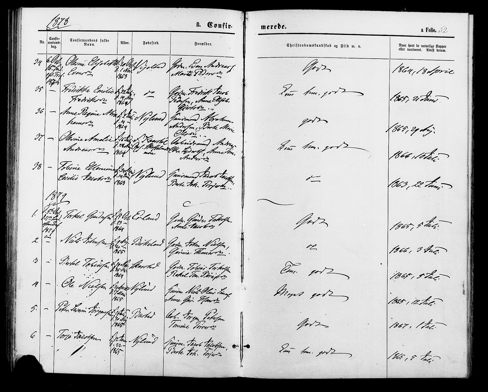 Sør-Audnedal sokneprestkontor, SAK/1111-0039/F/Fa/Fab/L0008: Parish register (official) no. A 8, 1876-1881, p. 52