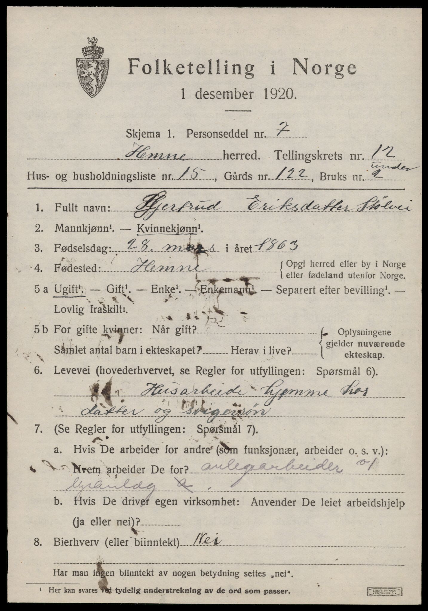 SAT, 1920 census for Hemne, 1920, p. 7270