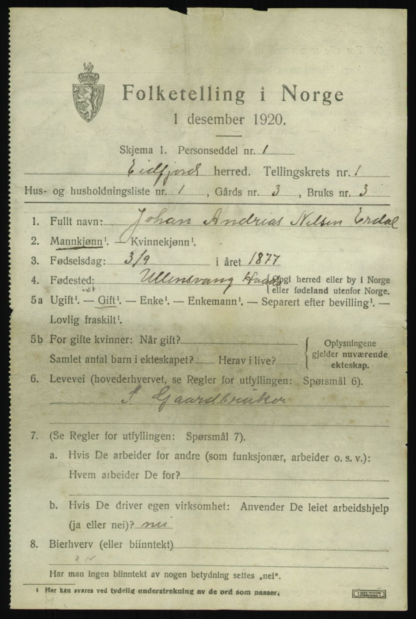 SAB, 1920 census for Eidfjord, 1920, p. 456