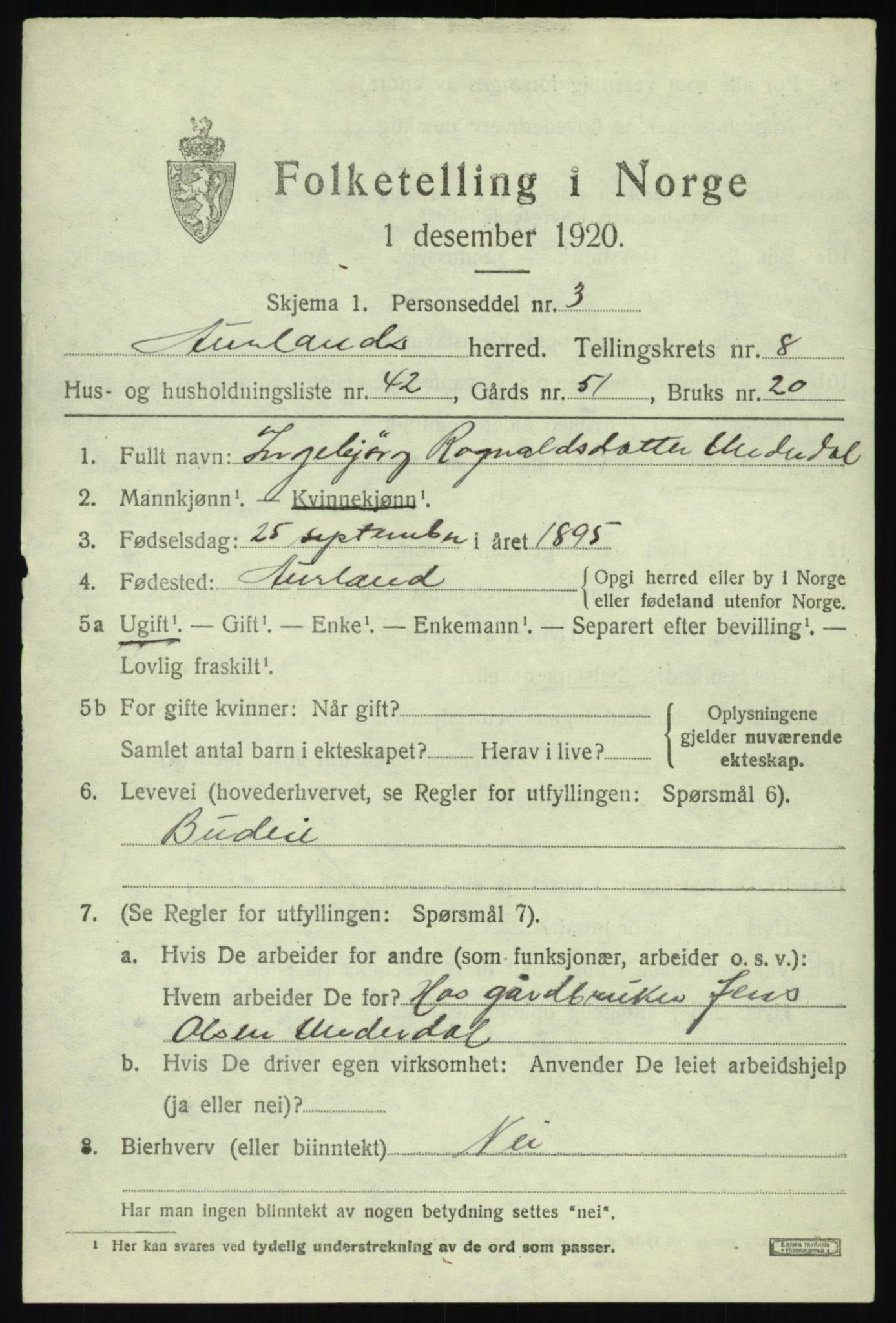 SAB, 1920 census for Aurland, 1920, p. 4742